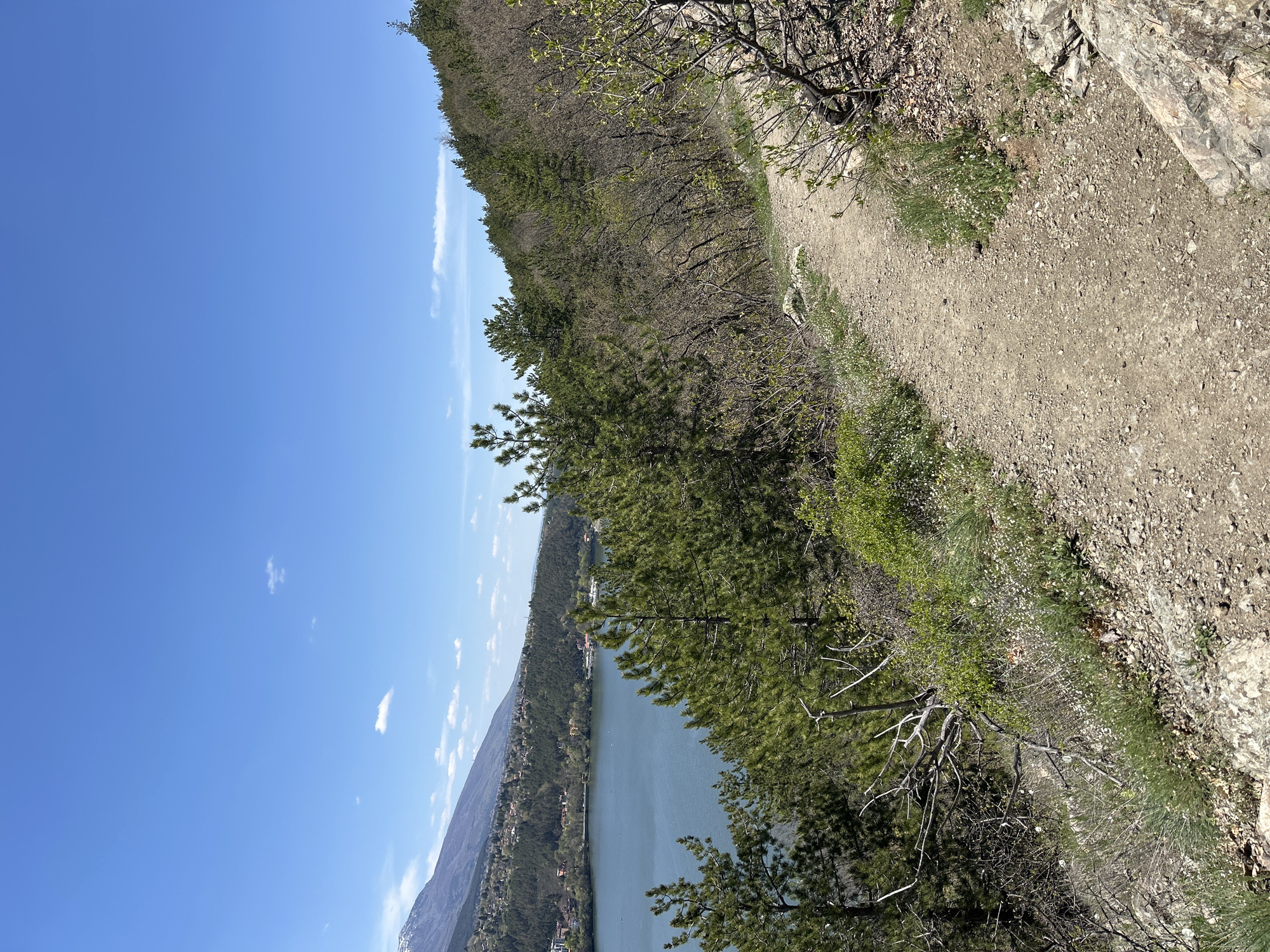A medium-angle shot depicts a landscape featuring a trail, trees, a body of water, and a clear blue sky.
A dirt trail occupies the right side of the frame, transitioning from a darker, shaded area near the top right corner to a lighter, sunlit region further down.
Trees and vegetation are positioned along the side of the trail and extend towards the center of the frame, partially obscuring the body of water and distant landmass. The trees closest to the viewer appear to be pine trees.
In the background, a body of water, possibly a lake, is visible. On the opposite side of the water, land ascends into a mountainous area with buildings and houses along the slope.
The sky is clear and blue, with a few wispy clouds.
The location is likely near a mountainous region or park with a lake. The city of Sofia, Bulgaria, is not directly verifiable, but is possible if this landscape reflects the terrain of the city's surrounding areas.