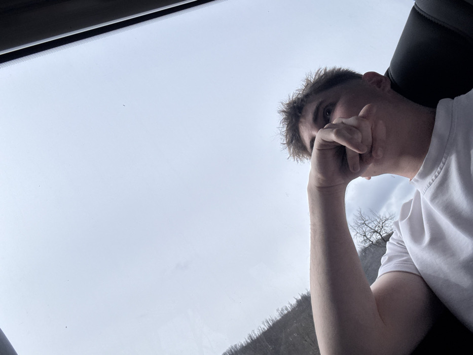 A young adult male is depicted from a low-angle perspective, seated within a vehicle. He wears a plain white short-sleeved t-shirt. His head is tilted upwards, with his eyes directed towards the upper frame. His right forearm is raised, with the hand positioned near his mouth; specific finger arrangement shows digits curled. The individual's hair is short, light brown, and appears disheveled. To the right, a dark headrest or seat portion of the vehicle is visible. The upper two-thirds of the image display an overcast, light grey sky visible through a vehicle window. A section of a distant, denuded hillside featuring bare trees is visible through the left side of the vehicle window. The scene is located in the city of Dalbok Dol, Bulgaria.