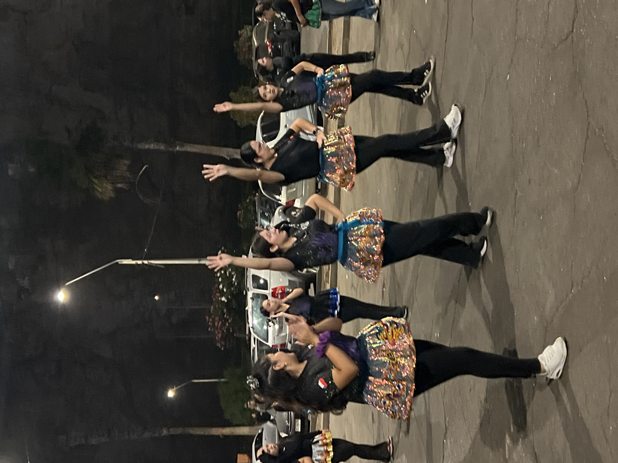 A line of people, primarily young adults and adults, are performing a synchronized dance routine in a public urban space. The subjects are arranged in a staggered line formation along an asphalt surface with visible cracks and imperfections, suggesting a street or parking lot. The lighting is provided by overhead streetlights, casting shadows on the ground. The subjects are wearing dark-colored tops and leggings, along with sequined, colorful skirts. They are striking a pose with one arm raised. Several vehicles are visible in the background, indicating street parking. Plant life, possibly palm trees and flowering shrubs, can be seen along the left side of the frame. The image likely depicts a cultural performance or parade event. The Chilean flag is visible on the top of a shirt. The scene is in Arica, Chile.
