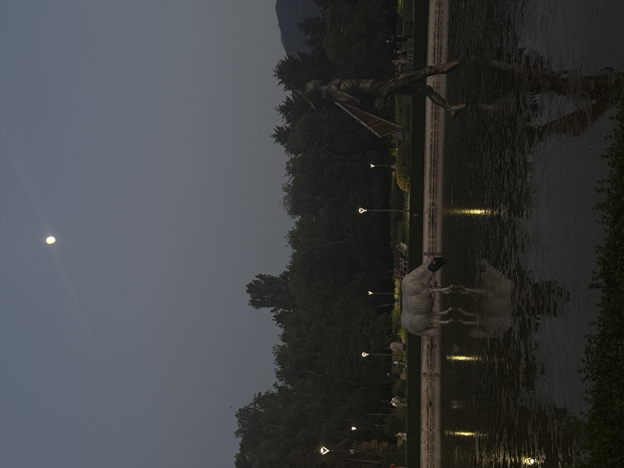 This image captures a serene evening scene in a park or garden, likely in Sofia, Bulgaria. The sky is a dusky gray, with a bright full moon visible in the upper left quadrant. In the foreground, a reflective pool mirrors the surrounding elements.
The primary subjects are two statues. One is a large, bronze-colored statue of a winged human figure, possibly an angel or a mythological character, depicted in a dynamic pose. Its reflection is clearly visible in the water. Further to the right, another statue appears to be of a sheep or lamb, with its reflection also present in the pool.
The setting is a park with lush, dark green trees forming a backdrop. Several modern lampposts with warm, yellow light are interspersed throughout the scene, illuminating parts of the path and the water. The lighting suggests it is dusk or early evening. The overall mood is tranquil and peaceful, enhanced by the stillness of the water and the soft moonlight. The presence of the statues suggests this is a place of public art or historical significance. There is no visible text in the image.