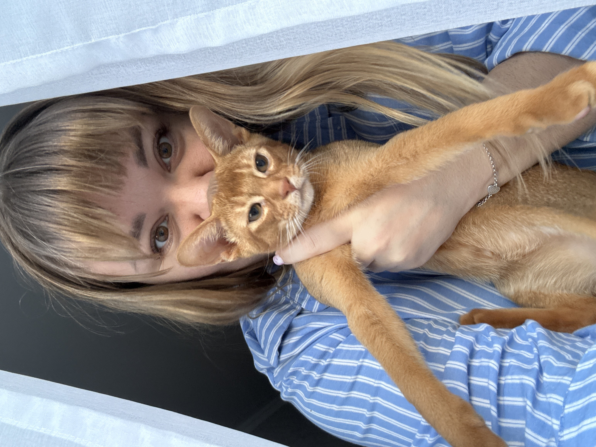 The image shows a person holding an orange cat. The person's face is visible, with blonde hair and brown eyes. They are wearing a blue and white striped shirt. The cat is an orange tabby with green eyes. The scene appears to be indoors, with a white curtain visible at the top of the frame. The lighting suggests it is daytime. The person is looking at the camera, and the cat is looking away. The overall mood of the image is relaxed and affectionate.