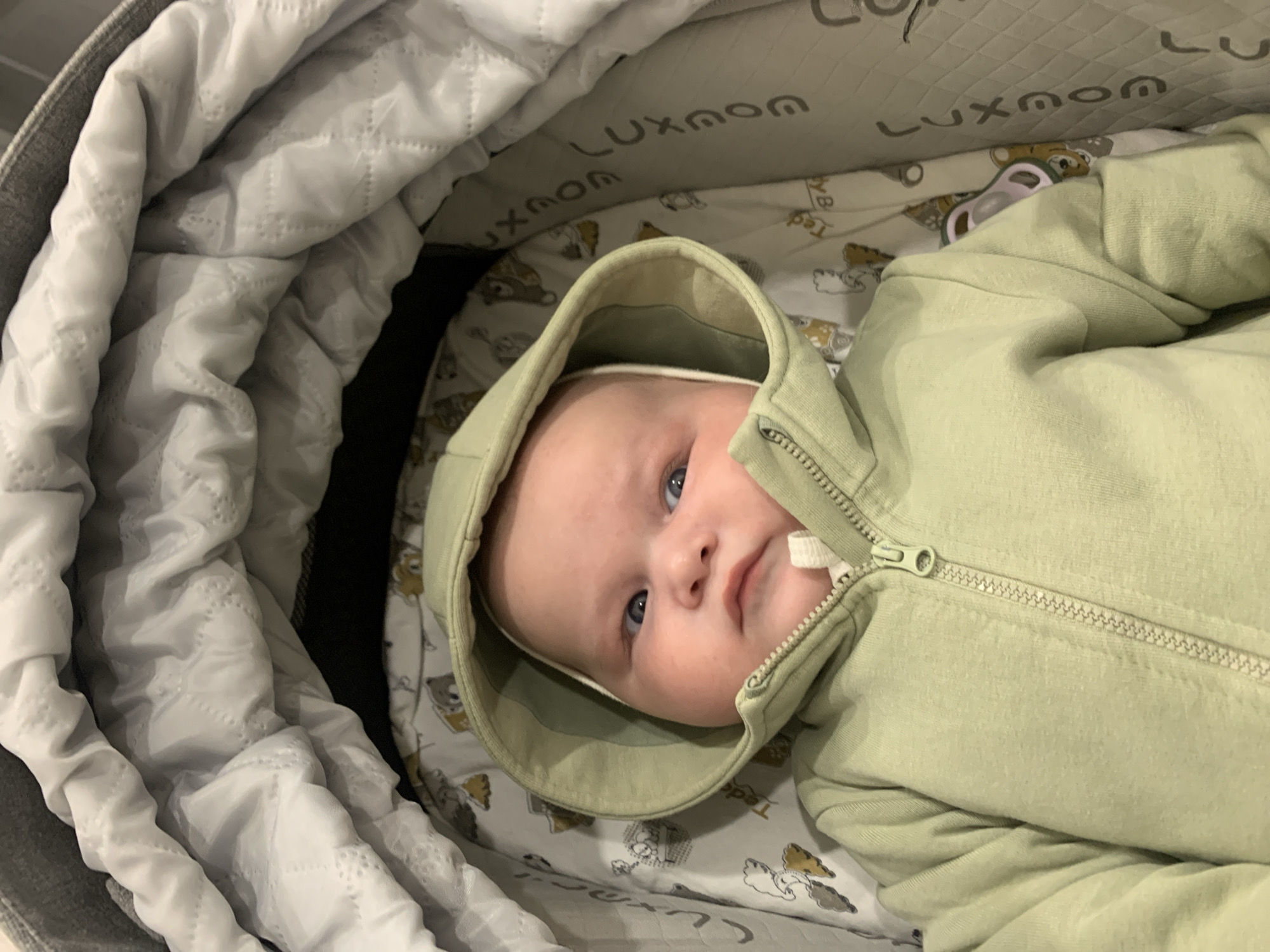 A close-up, medium-shot, eye-level, indoor photograph captures a baby lying in a stroller. The baby, with fair skin, blue eyes, and a light complexion, is wearing a light green hooded jacket and a white bonnet. The baby's head is turned to the right, and its gaze is directed to the left. The stroller lining features a pattern of bears and the text "LUXOM" repeated vertically. The background is filled with quilted white fabric and the grey exterior of the stroller. There are no visible landmarks or contextual clues that indicate the location within the city of Stavropol, Russia. The image appears to have been taken in a domestic or public indoor setting, possibly a home, shop, or medical facility. The lighting is soft and diffused. The overall impression is one of a candid, observational portrait of an infant.