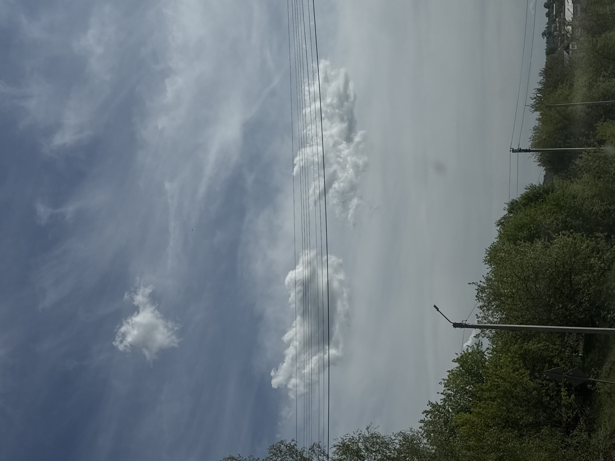 The image shows a view of the sky in Фоки, Russia, with a split in the sky between a brighter, overcast side and a blue side with scattered clouds. Electrical wires run vertically through the frame. Trees line the bottom and right side of the image. A utility pole with a streetlight is visible on the right. Buildings are faintly visible at the top right.
