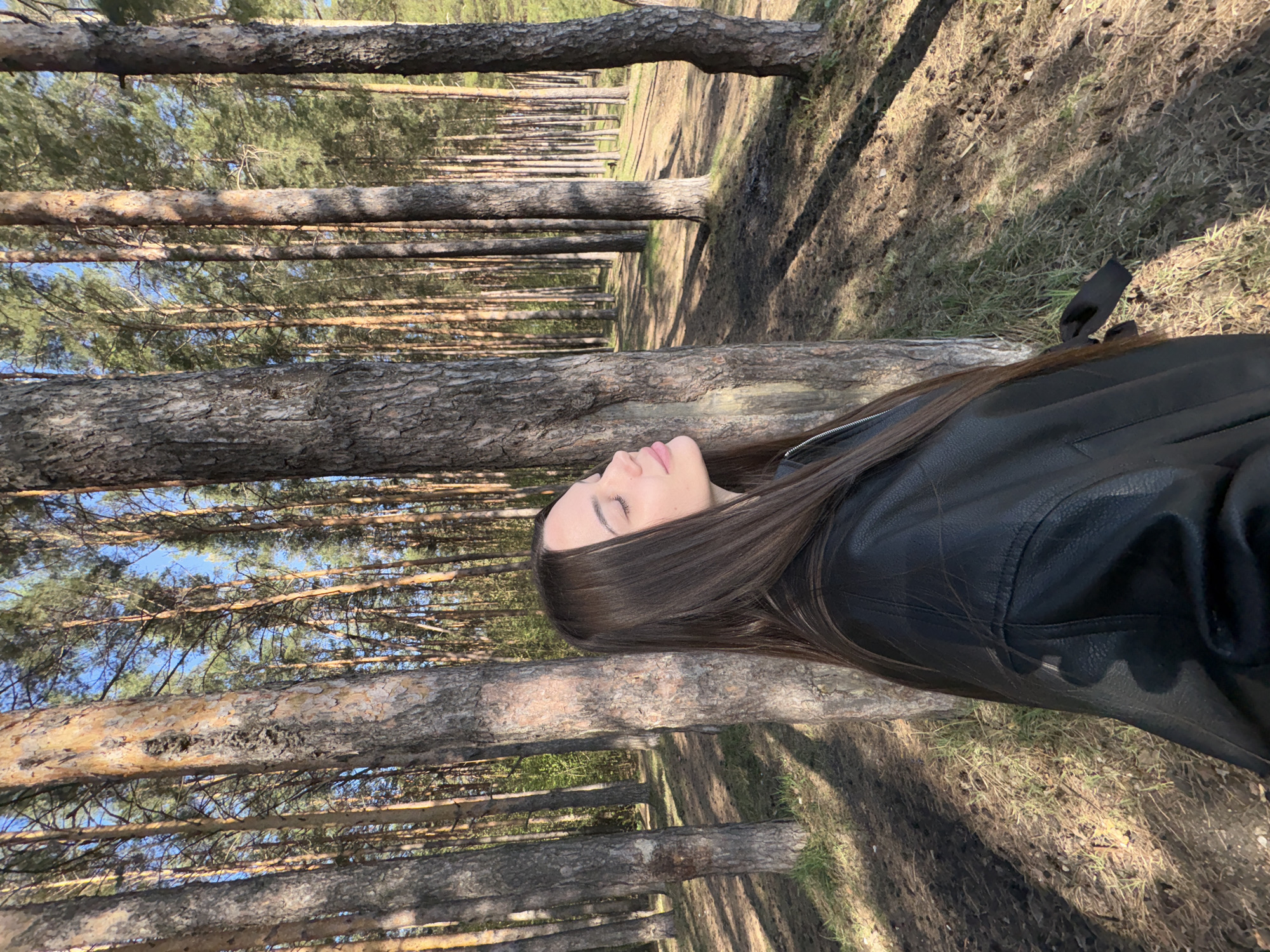 A woman with long brown hair and wearing a black leather jacket is lying on a tree trunk in a forest. The forest is filled with tall, straight trees, creating a symmetrical, repeating pattern. Sunlight filters through the trees, casting shadows on the ground. A path is visible between the trees. The location is an unspecified forest.
