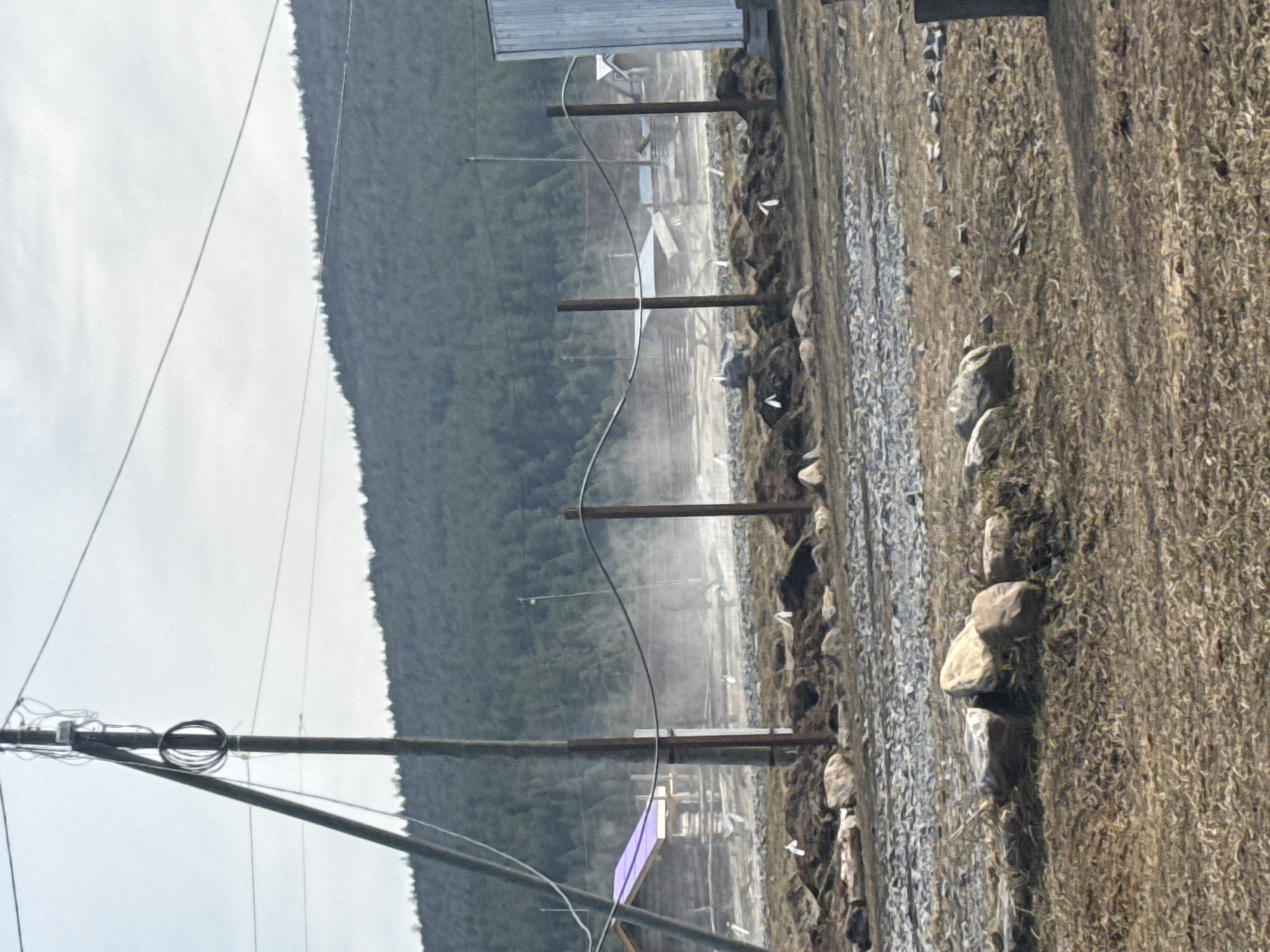 The image depicts a rural scene with a forested mountain backdrop, likely located in Tyulyuk, Russia. A dirt road occupies the foreground, transitioning into a gravelly area lined with stones and short wooden posts. Power lines run parallel to the road and across the landscape. In the middle distance, a structure with a purple sheet or tarp visible and additional buildings suggest a residential or agricultural settlement. A light mist or fog obscures the view in certain areas. The lighting indicates daylight conditions.