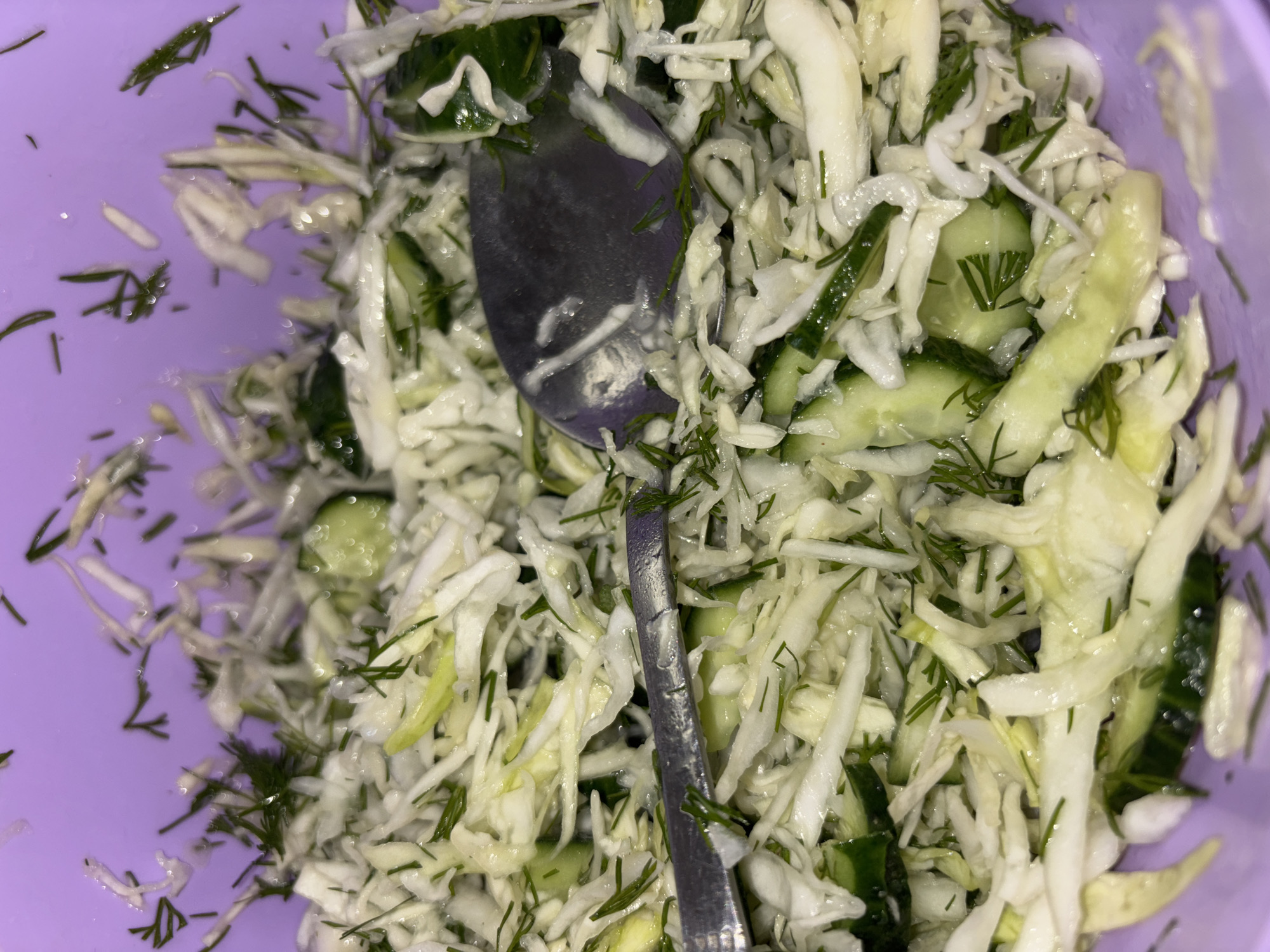 A close-up, overhead shot shows a bowl of chopped cabbage and cucumber salad, likely in a kitchen in Vsevolozhsk, Russia. The salad is mixed with dill and appears to be lightly dressed. Two metal spoons are visible in the bowl, one partially submerged in the salad and the other resting on top. The bowl itself is a vibrant purple color. The lighting suggests it is daytime, possibly indoors given the reflective surfaces of the spoons.