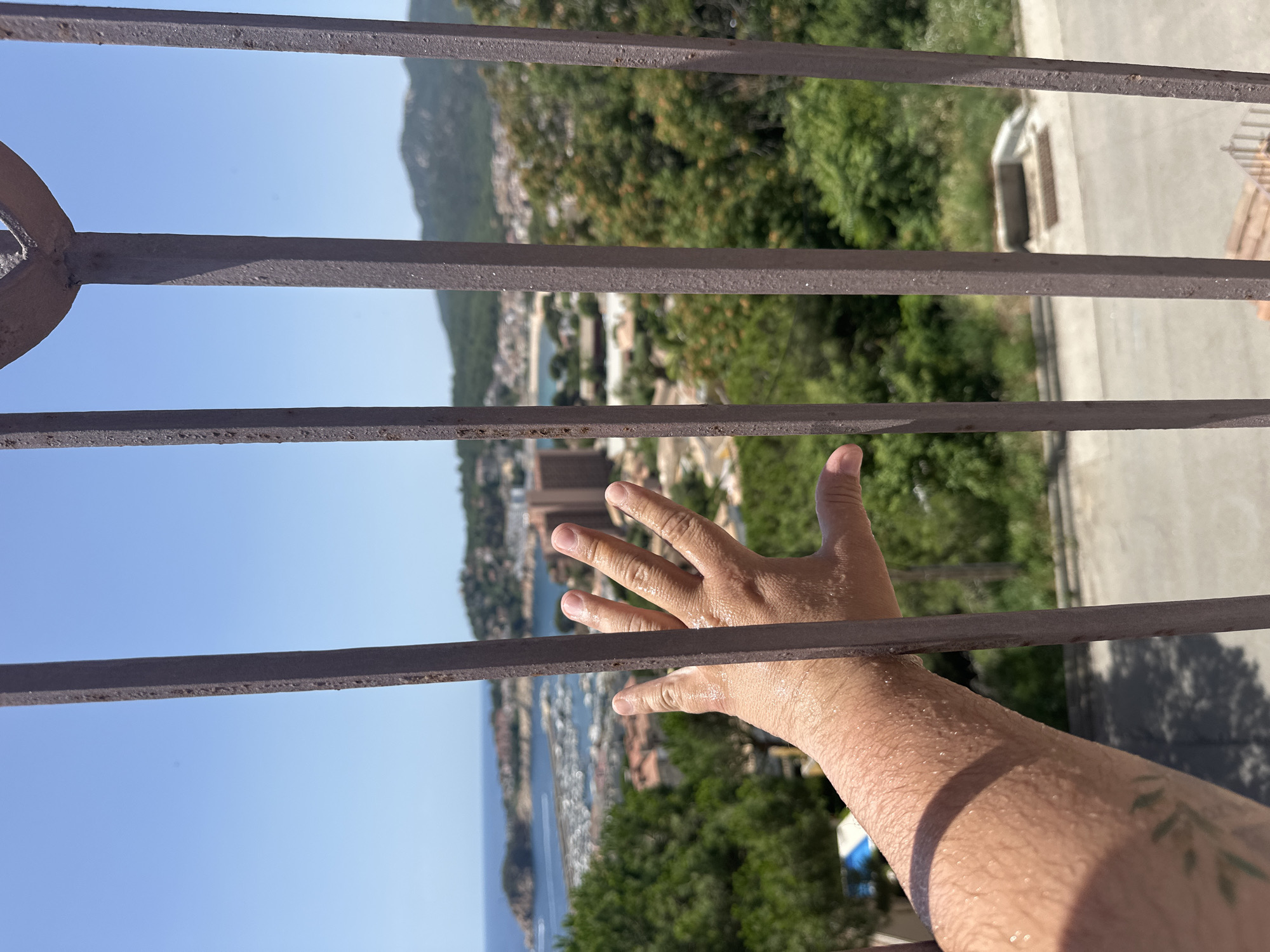A close-up of a person's hand reaching out through a metal fence reveals a sun-drenched landscape. The hand, glistening with sweat, is positioned in the foreground, partially obscured by the rusty metal bars. Beyond the fence, a coastal city unfolds under a clear blue sky. Buildings with terracotta roofs dot the hillside, leading down to a marina filled with boats. The sea stretches to the horizon, meeting a distant, tree-covered mountain range. The scene evokes a sense of longing, with the hand reaching towards the freedom of the open view.