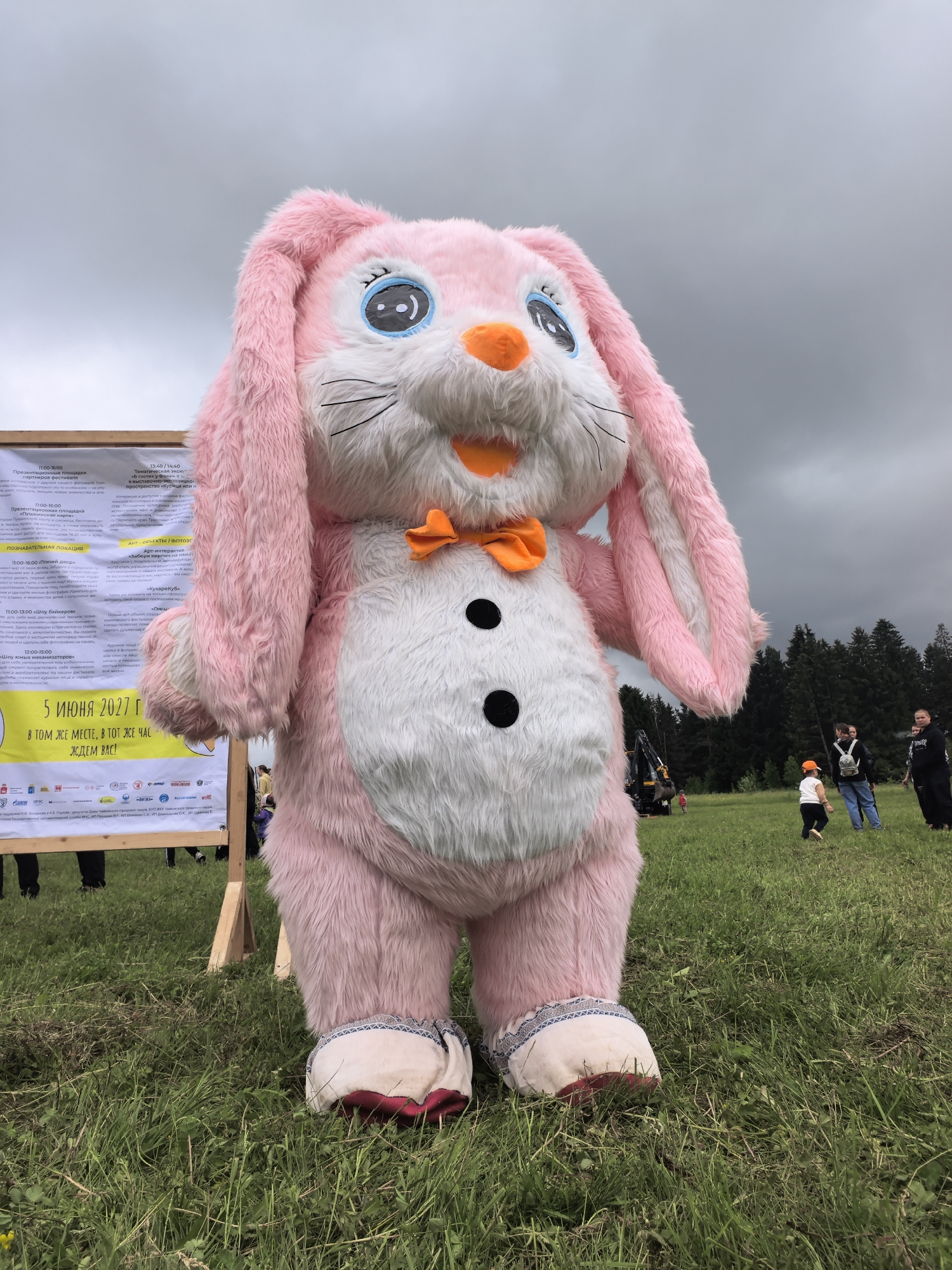 This image captures a large pink and white rabbit mascot standing in a grassy field under an overcast sky, in the city of Unknown, Unknown.
The central subject is a voluminous, plush mascot resembling a rabbit, predominantly pink and white. Its face features large, round blue eyes with black pupils and small white highlights, a white snout, an orange nose, and black whiskers. An orange bow tie adorns its neck, and two large black circular buttons are present on its white belly. The mascot's ears, arms, and legs are pink. Its feet are white and padded, with a patterned blue and white trim near the ankle and a red sole visible on the left foot.
To the left of the mascot is a wooden A-frame signboard displaying information in black Cyrillic text on a white background. Visible text includes a date, "5 ИЮНЯ 2027 Г" (June 5, 2027), and "ЖДЕМ ВАС!" (WE ARE WAITING FOR YOU!), suggesting an event schedule or invitation.
In the mid-ground to the right of the mascot, several individuals are present in the grassy field. This includes adults and at least two children. One child, wearing an orange cap, a white shirt, and dark pants, is walking towards the right side of the frame. Adults are standing behind this child; one adult is wearing a backpack, dark top, and jeans, while another is in dark attire. Further back and slightly to the left of the group of people, a yellow and black excavator is partially visible.
The ground consists of green grass with some weeds and patches of visible soil. A dense line of evergreen trees forms the horizon in the far background. The sky is uniformly grey and overcast.