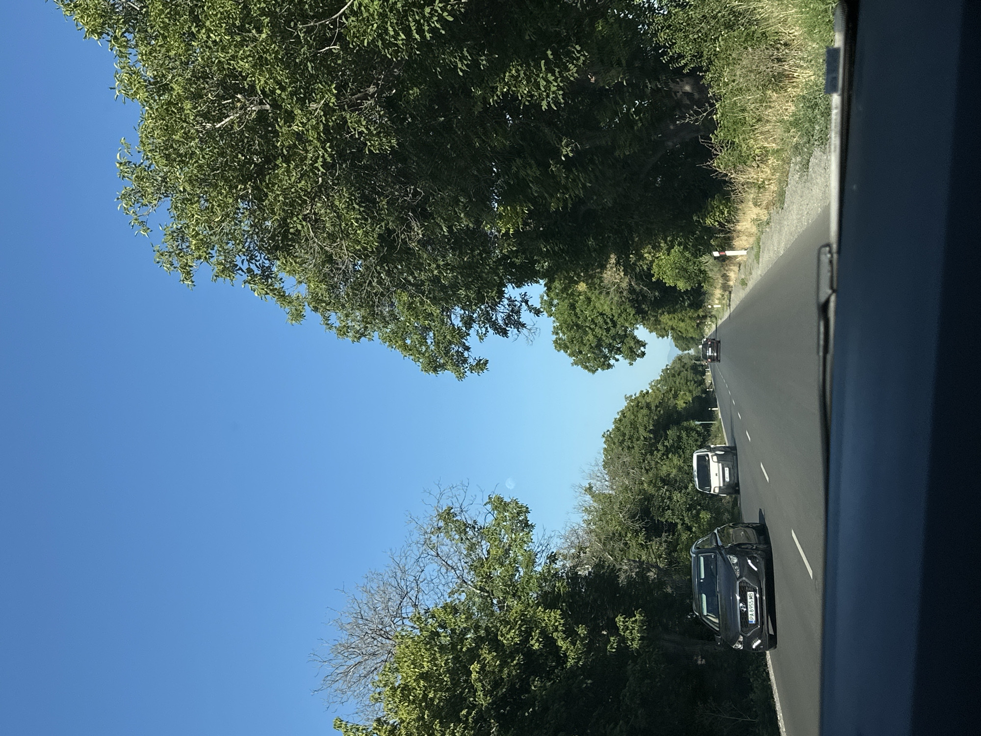 The image shows a clear blue sky over a rural road lined with lush green trees. A dark-colored Hyundai i30 hatchback, with license plate PA 8955 MB, is driving in the left lane. To its right, in the same lane, a white van is visible. Further down the road, other vehicles are seen in the distance. The right side of the road is bordered by dry grass and vegetation, with a white and red striped pole standing near the edge. The scene appears to be captured from inside another vehicle, looking forward through the windshield. The location is identified as Kadievo, Bulgaria.