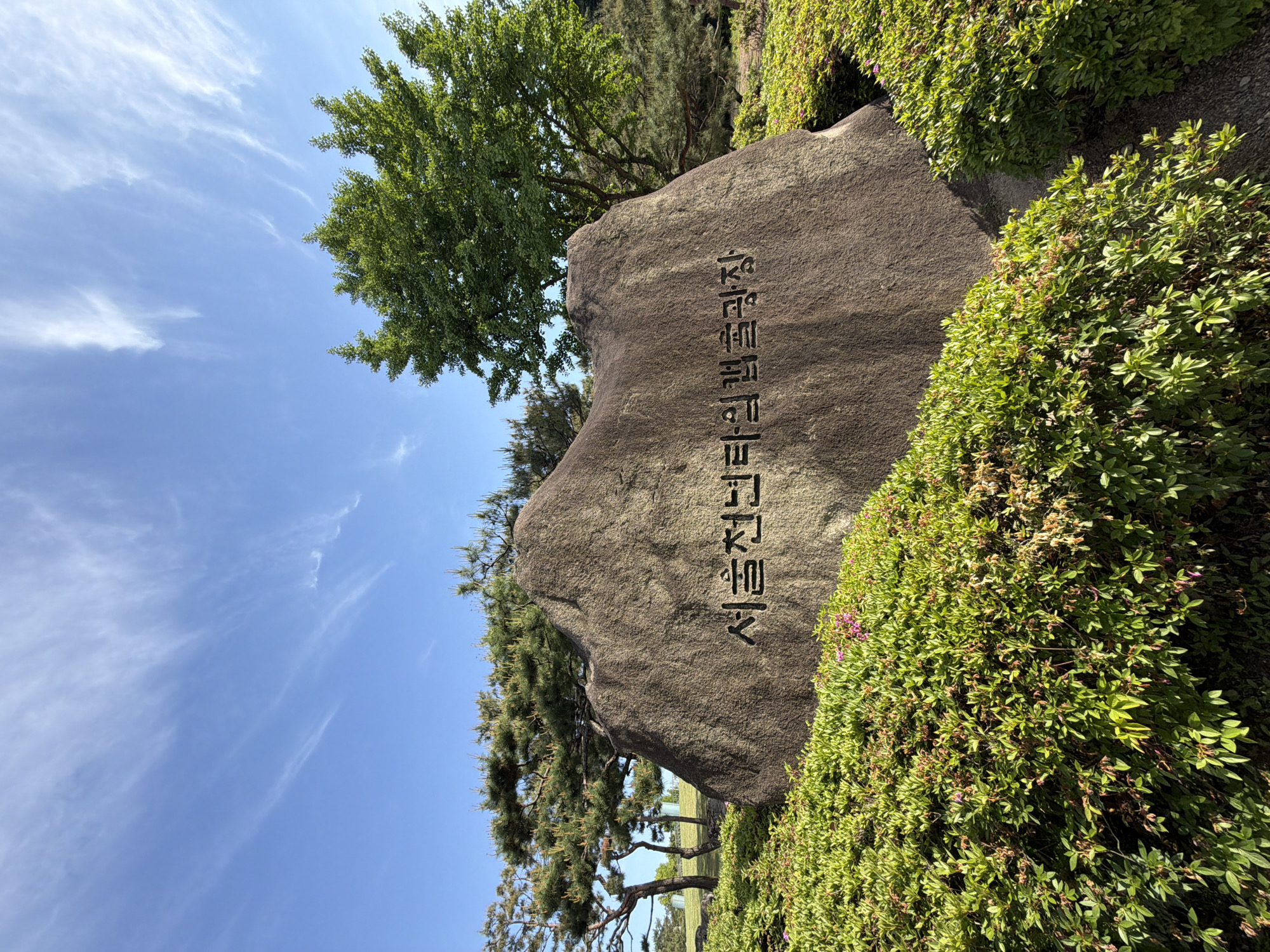 A medium shot presents a large, upright rock, with Korean characters carved vertically on its surface, set against a backdrop of a partially clear, blue sky with wispy clouds. To the left of the rock, a tree with green foliage rises, its branches extending upwards. The rock is bordered on the right by dense, green bushes. In the background, beneath the branches of a second, lower tree, lies a grassy area. The image is rotated to the left. The location is likely a park or garden in Seoul, South Korea.