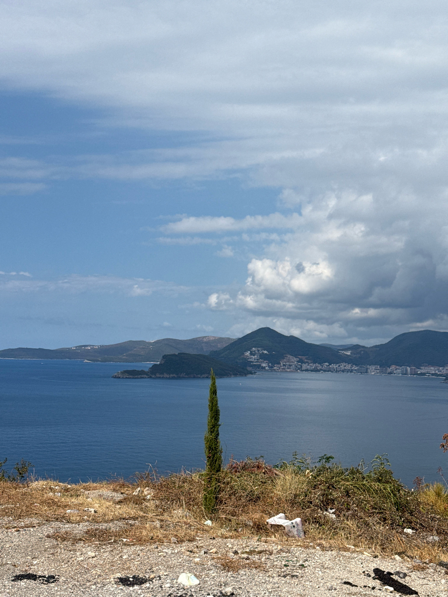 An aerial view captures the rugged coastline of Blizikuće, Montenegro, with the Adriatic Sea stretching out towards the horizon. The foreground is dominated by dry, grassy terrain dotted with sparse bushes, and a narrow, tall cypress tree stands prominently in the mid-ground. Litter, including plastic debris, is visible scattered on the ground. In the distance, rolling, verdant hills form a backdrop to the tranquil blue waters, with a strip of buildings and a fortified island visible on the far left. The sky is a mix of clear blue and dramatic, shadowed clouds.