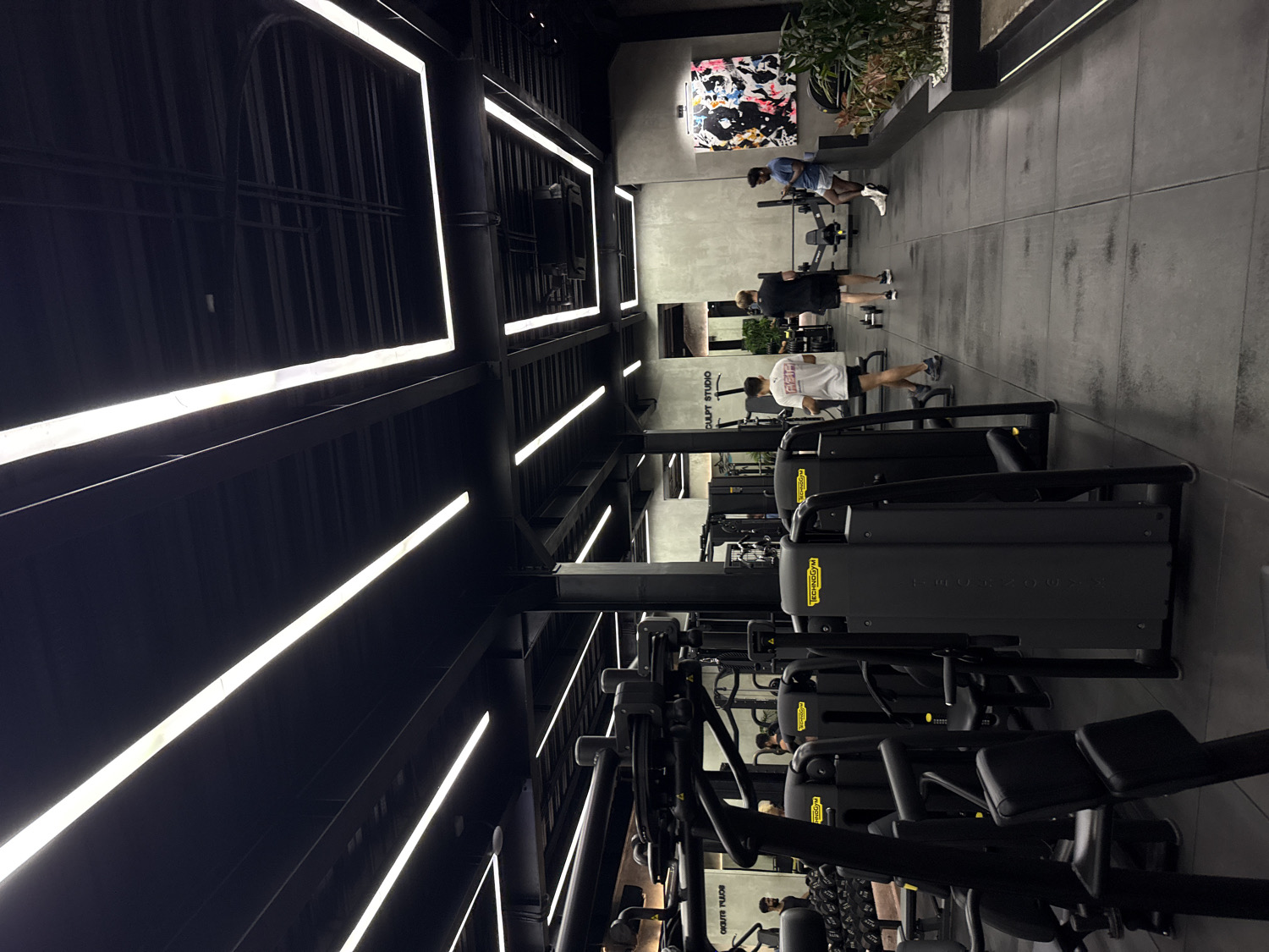 This media file captures a modern, dimly lit gym interior, viewed from an elevated perspective looking down into the main workout area. The image is oriented vertically, showing the ceiling structure with linear LED lighting on the left and the gym floor and equipment on the right.
The setting is characterized by a dark, industrial aesthetic, featuring black walls and ceiling structures contrasted by numerous bright, white linear LED light fixtures arranged in geometric patterns across the ceiling and upper walls. The floor is a light gray, tiled surface.
Several people are visible engaging in activities. In the mid-ground, a man in a light blue shirt and shorts is near a black rowing machine, possibly preparing to use it or resting. Further down and to the right, another man in a black t-shirt and shorts stands near a weight machine. Closest to the viewer, another man in a white t-shirt and dark shorts is seen walking past several black, robust Technogym weight machines arranged in rows. Other individuals are partially visible in the background or reflected in surfaces.
Notable objects include a variety of black strength training equipment, prominently featuring multiple Technogym branded machines. A vibrant, abstract artwork hangs on a dark wall in the background, near a planter filled with green foliage, adding a touch of color and natural element to the space.
Visible text includes "SCULPT STUDIO" printed vertically on a dark wall, serving as a clear location cue for the gym. The brand name "TECHNOGYM" is also visible on some of the exercise machines. The overall atmosphere appears focused and functional, typical of a workout facility. The dominant use of dark tones with stark, bright lighting creates a distinctive, contemporary feel.