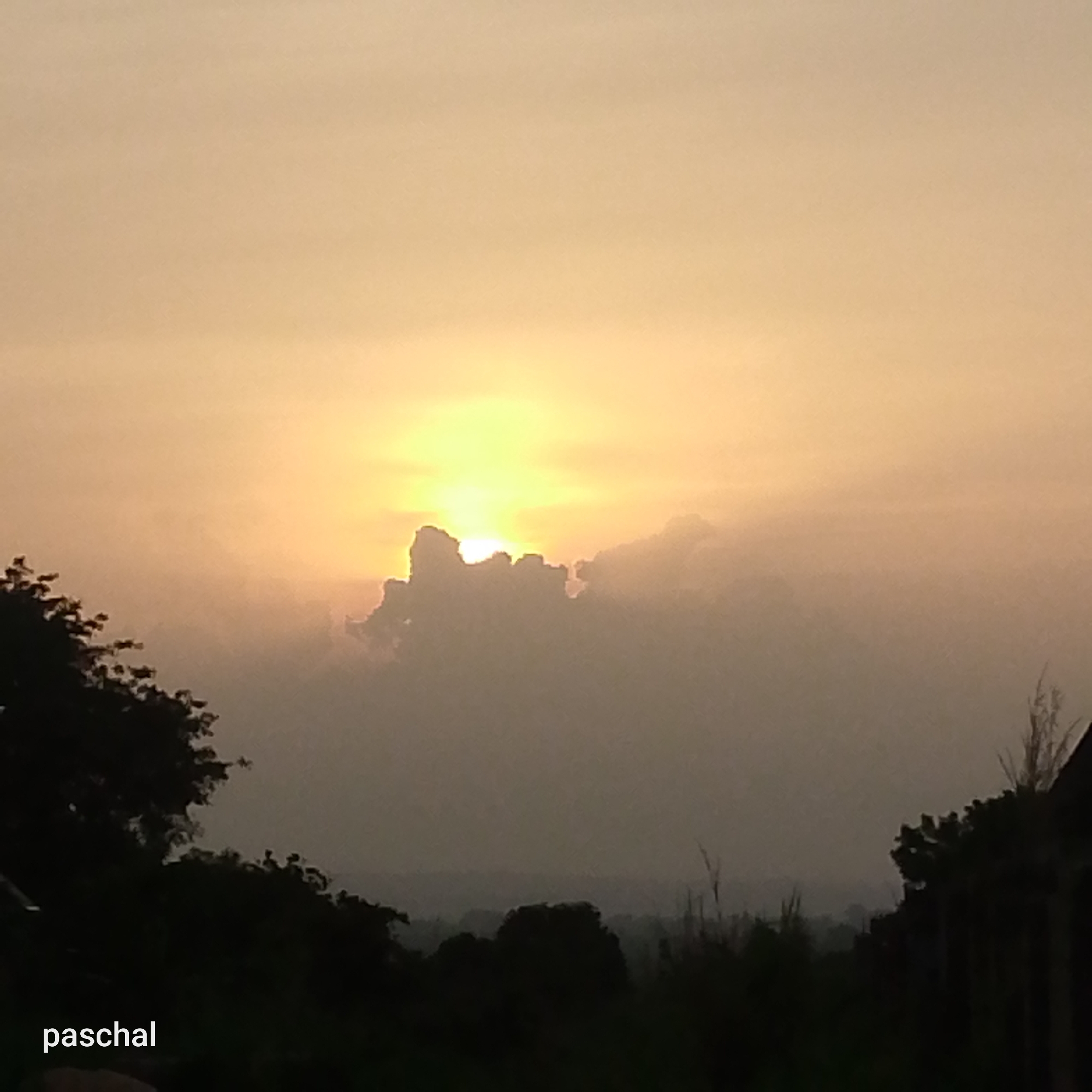 The image depicts a sunset in Nsugpe, Nigeria. The sun is partially obscured by clouds, creating a bright glow in the center of the frame. The sky is a pale orange color. Silhouetted trees and vegetation are visible in the foreground. The text "paschal" is located in the lower-left corner of the image.
