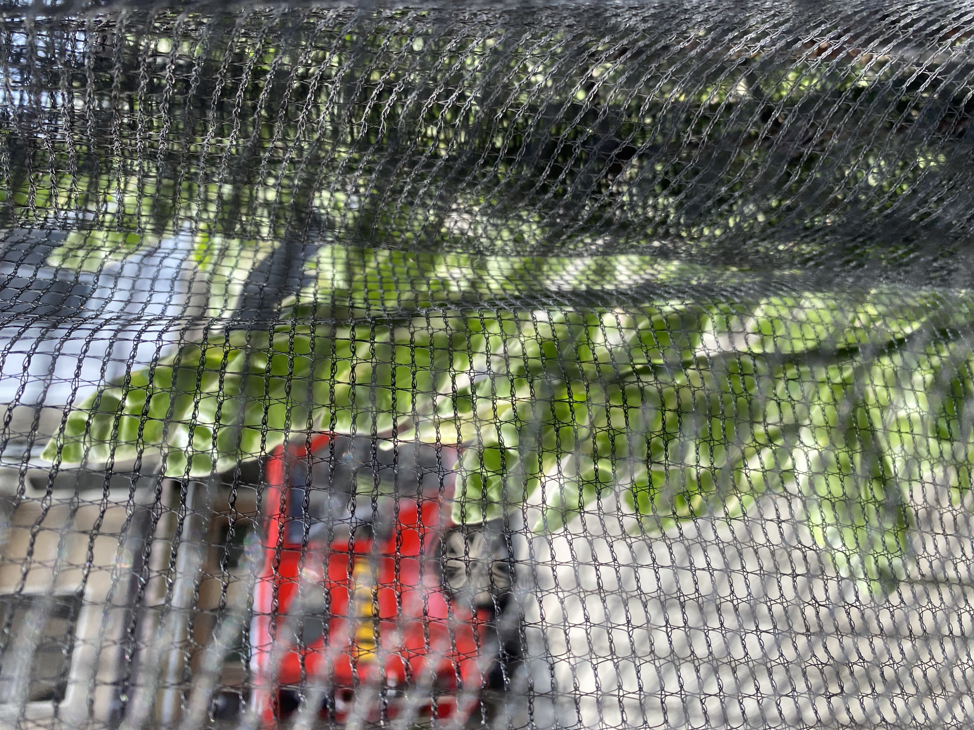 The image depicts an outdoor scene in Davao City, Philippines, viewed through a dark, tightly woven mesh fabric that dominates the immediate foreground. The mesh displays a consistent square grid pattern on the left, transitioning to a more compressed and diagonally oriented weave on the right. Beyond the mesh, blurred green foliage is visible in the midground. In the left background, a heavily out-of-focus red vehicle, possibly a car or truck, is discernible above a light-colored ground surface. The right background contains additional indistinct green vegetation and shadowed areas. The scene is illuminated by natural daylight. No individuals, explicit actions, or direct interactions are visible.