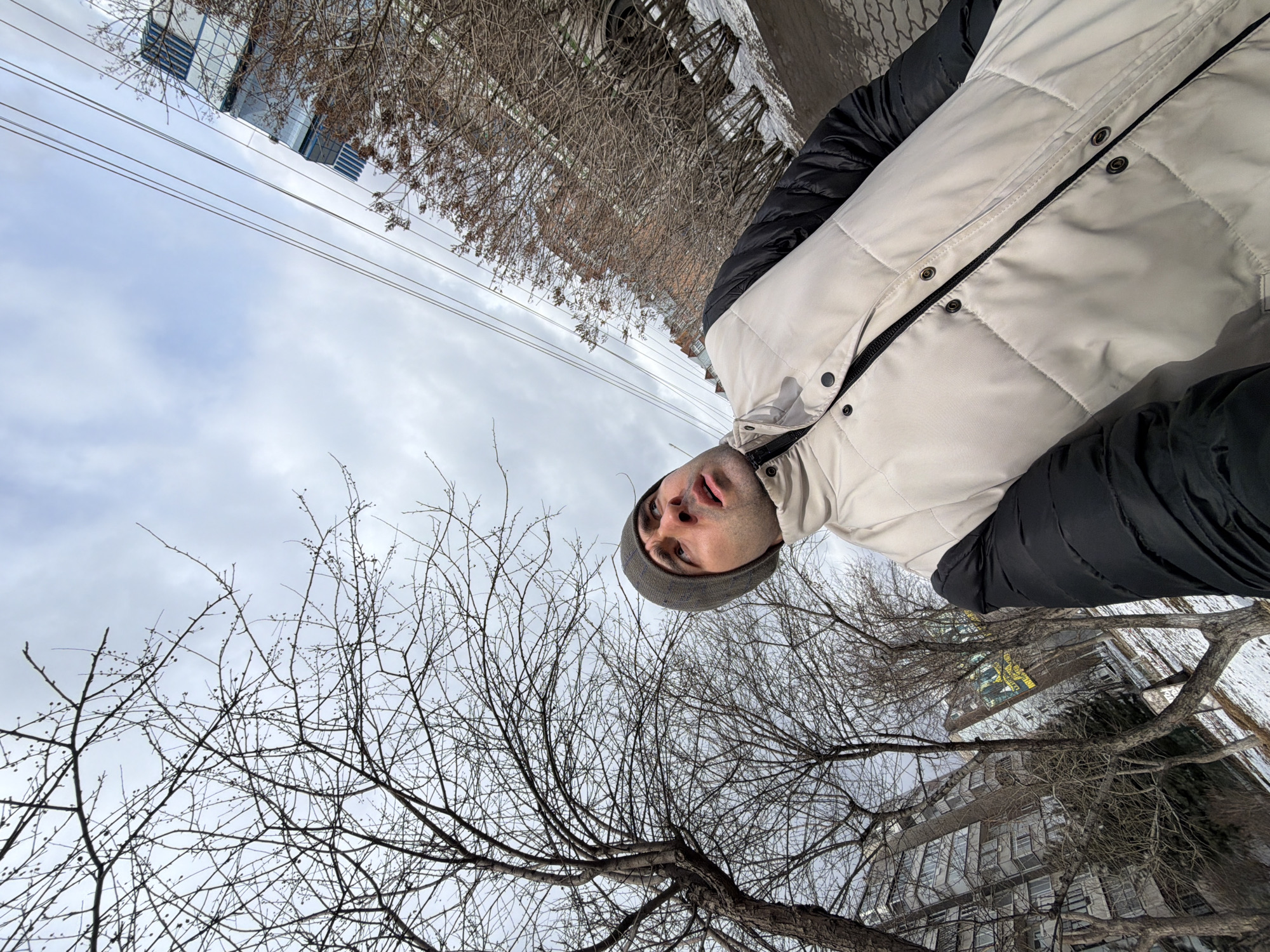 A selfie taken in Krasnoyarsk, Russia, shows a man with dark hair wearing a gray beanie and a light gray and black puffer jacket. The man is looking up at the camera. Behind the man is a bare tree against a cloudy sky. Buildings are visible in the background. Power lines run across the sky. The location appears to be an urban area.