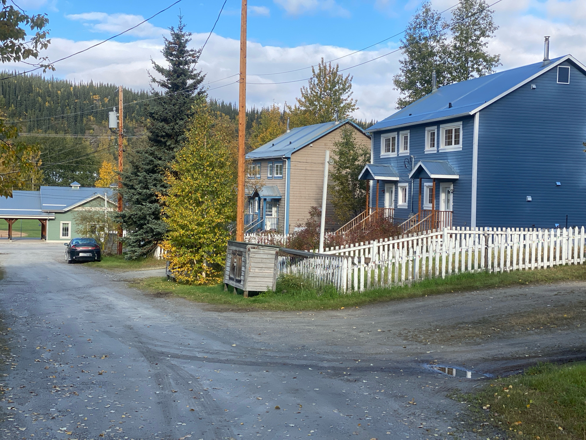The image shows a residential street scene in Dawson City, Canada, on a partly cloudy autumn day. The street is unpaved and appears to be made of gravel, with fallen leaves scattered across its surface. A few puddles are visible, reflecting the sky and surrounding buildings.
On the right side of the street, two modern, two-story houses with blue metal roofs and blue siding stand side by side. They feature white trim around the windows and doors, and each has a small porch with wooden stairs. A white picket fence runs along the front of these properties. Adjacent to the houses and the fence is a rustic, weathered wooden shed.
To the left of the houses, across the street, is a long, single-story building with a green facade and a blue metal roof. A single window is visible on its side. A dark-colored car is parked in front of this building.
In the background, a dense forest covers a hillside, with trees displaying a mix of green evergreen needles and the yellow and orange hues of autumn foliage. A wooden utility pole with electrical equipment stands prominently in the foreground, with power lines running across the scene. The overall impression is of a quiet, somewhat remote, residential area in a northern climate during the fall season.
