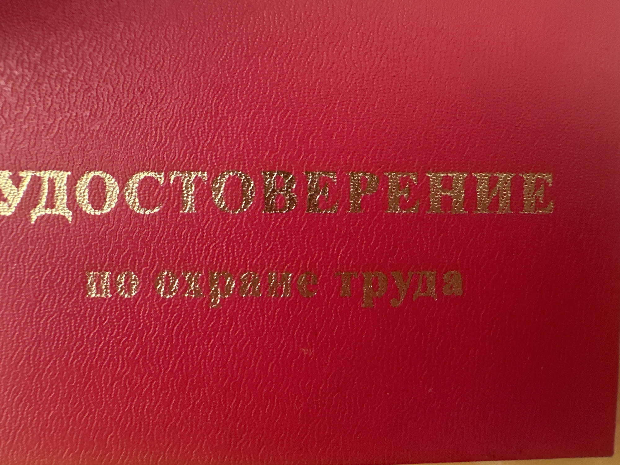 The image shows a close-up of a red surface with gold lettering. The lettering appears to be in Cyrillic script and is oriented vertically. The texture of the red surface suggests it might be leather or a similar material, possibly a book cover or a document. The lighting is such that the gold lettering reflects the light, making it stand out against the red background. The scene is devoid of any environmental context or recognizable landmarks that would allow for identification of a specific location in Minsk, Belarus. No people, actions, or interactions are visible.