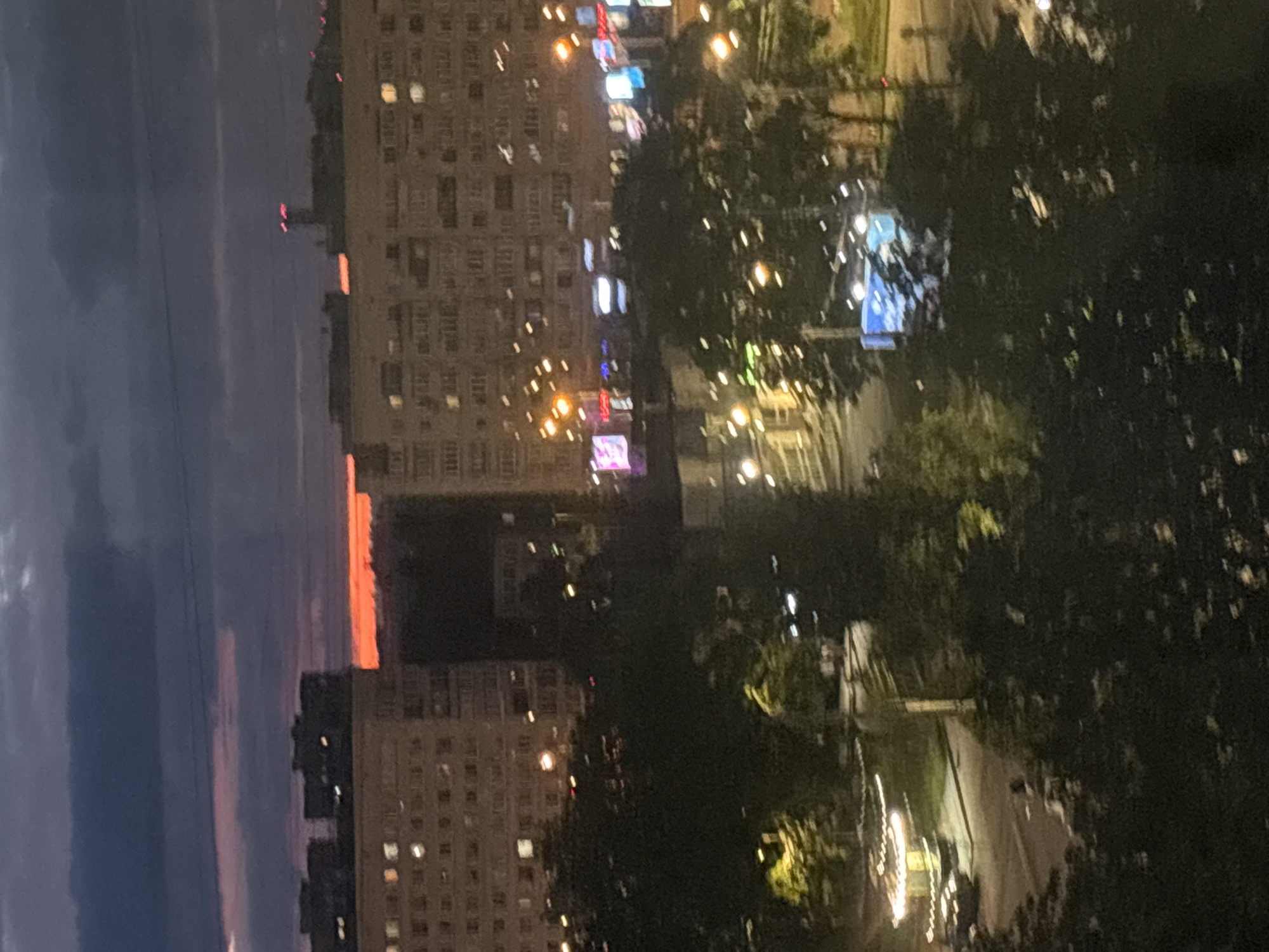 This is a photograph taken at dusk or dawn, with a cityscape visible. The sky is dark with streaks of pink and orange, suggesting the sun is low on the horizon. In the foreground, silhouetted trees obscure the view of a street scene. Buildings, some with lit windows, are visible in the middle ground and background. Streetlights and illuminated signs dot the urban landscape. The overall impression is of an urban environment at twilight, with a moody sky.