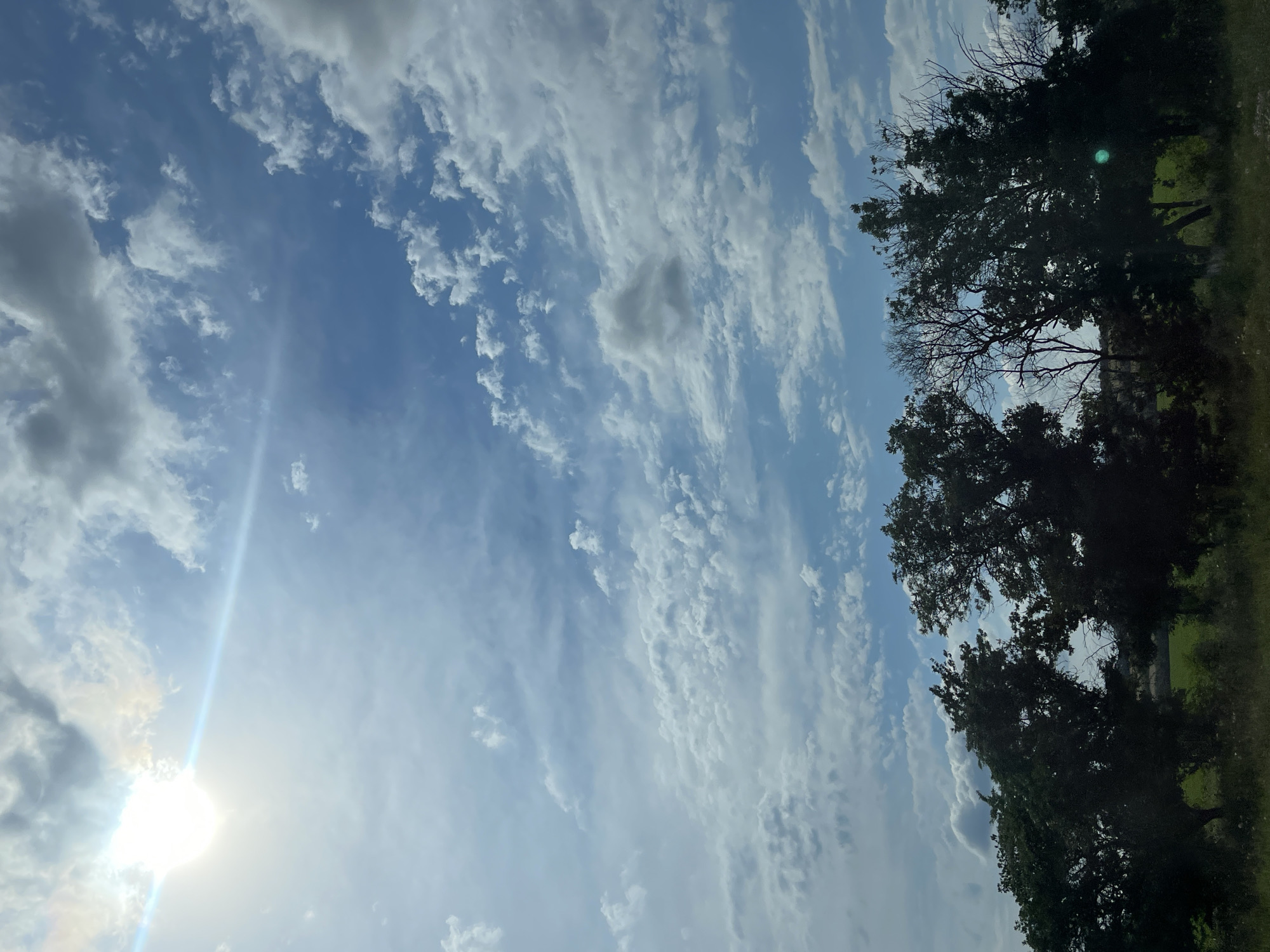 The image depicts a bright, partly cloudy sky over a landscape with trees and grass. The sun is visible on the left side of the frame, casting a lens flare across the sky. The clouds are a mix of white and gray, with some appearing wispy and others more substantial. The trees are dark green and silhouetted against the sky, suggesting they are in the foreground. The grass appears to be a light green, indicating it might be a field or park. The overall impression is one of a pleasant day outdoors. The time of day appears to be daytime, likely late morning or early afternoon, given the brightness of the sun. The weather is partly cloudy, with a mix of sunshine and cloud cover. There is no text visible in the image. The scene is a natural landscape, likely in a rural or suburban area.