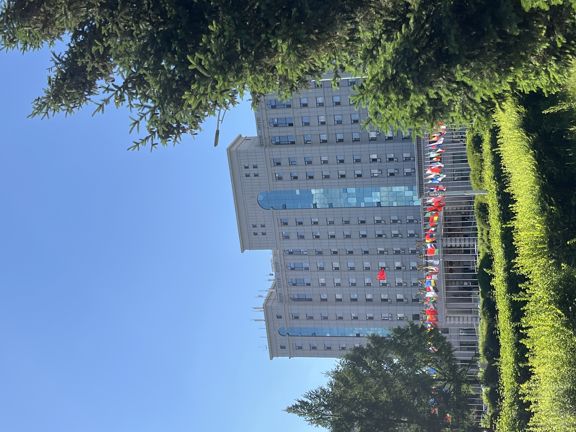The image shows a tall, multi-story building in Changchun City, China. The building's exterior is primarily gray with evenly spaced windows and distinctive vertical blue glass panels. A row of international flags lines the base of the building, adding color to the scene. Lush green trees are present in the foreground, framing the building and contrasting with the clear blue sky. The scene appears to be taken on a sunny day, with bright light illuminating the building and surrounding greenery.