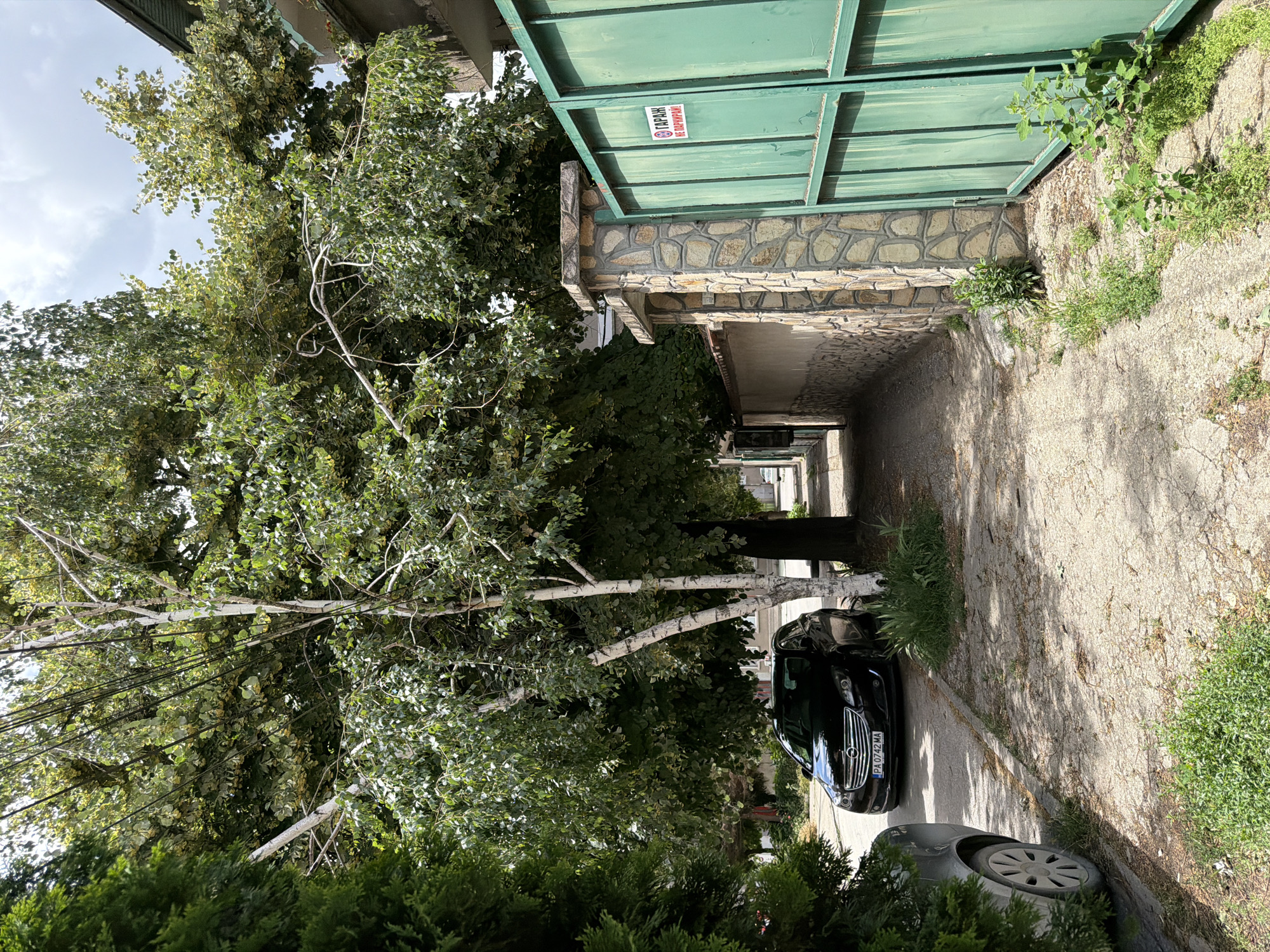 A black Opel sedan, license plate PA 0742 MA, is parked on the right side of a narrow street in Pazardzhik, Bulgaria. The car is positioned partially on the sidewalk and street, next to a tall, slender tree with white bark. The street is paved with concrete and has patches of grass growing through cracks. To the right of the sidewalk is a stone-clad wall topped with a beige concrete structure, followed by a tall, green metal gate. A sign with red lettering and a symbol is attached to the gate, reading "ГАРАЖ!" and "НЕ ПАРКИРАЙ!". Lush green trees and foliage line the left side of the street, with dense bushes obscuring the view of the other side. The sky above is cloudy.
