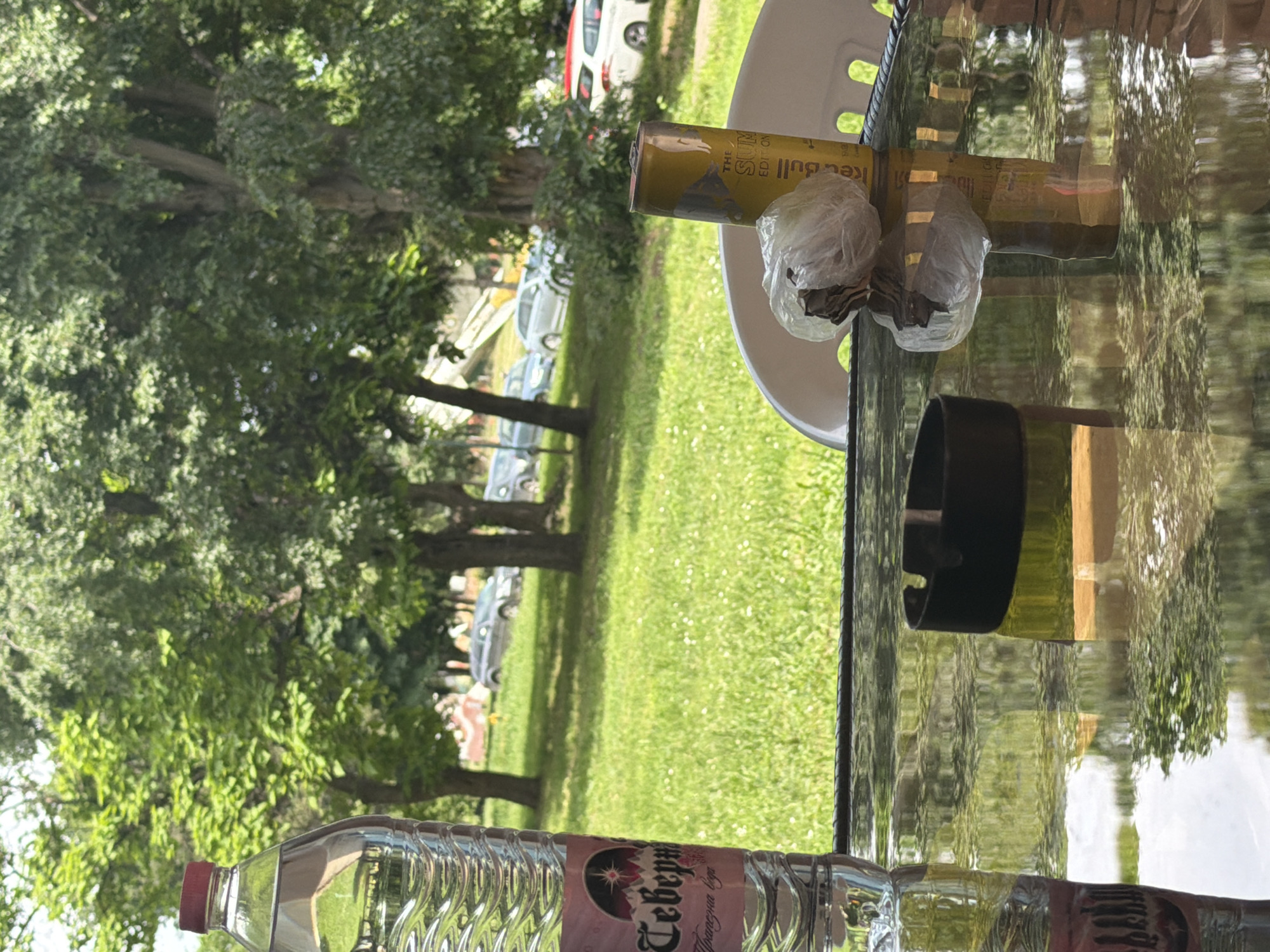 The image depicts a scene outdoors, likely a backyard or garden, in Dolna Mitropolia, Bulgaria. In the foreground, on a glass table, are a plastic bottle of "Ceberna" mineral water, an ashtray, and a can of "Red Bull The Summer Edition" with two plastic bags tied around it. In the background, there is a green lawn, trees, and parked cars. A white plastic chair is also partially visible behind the can.