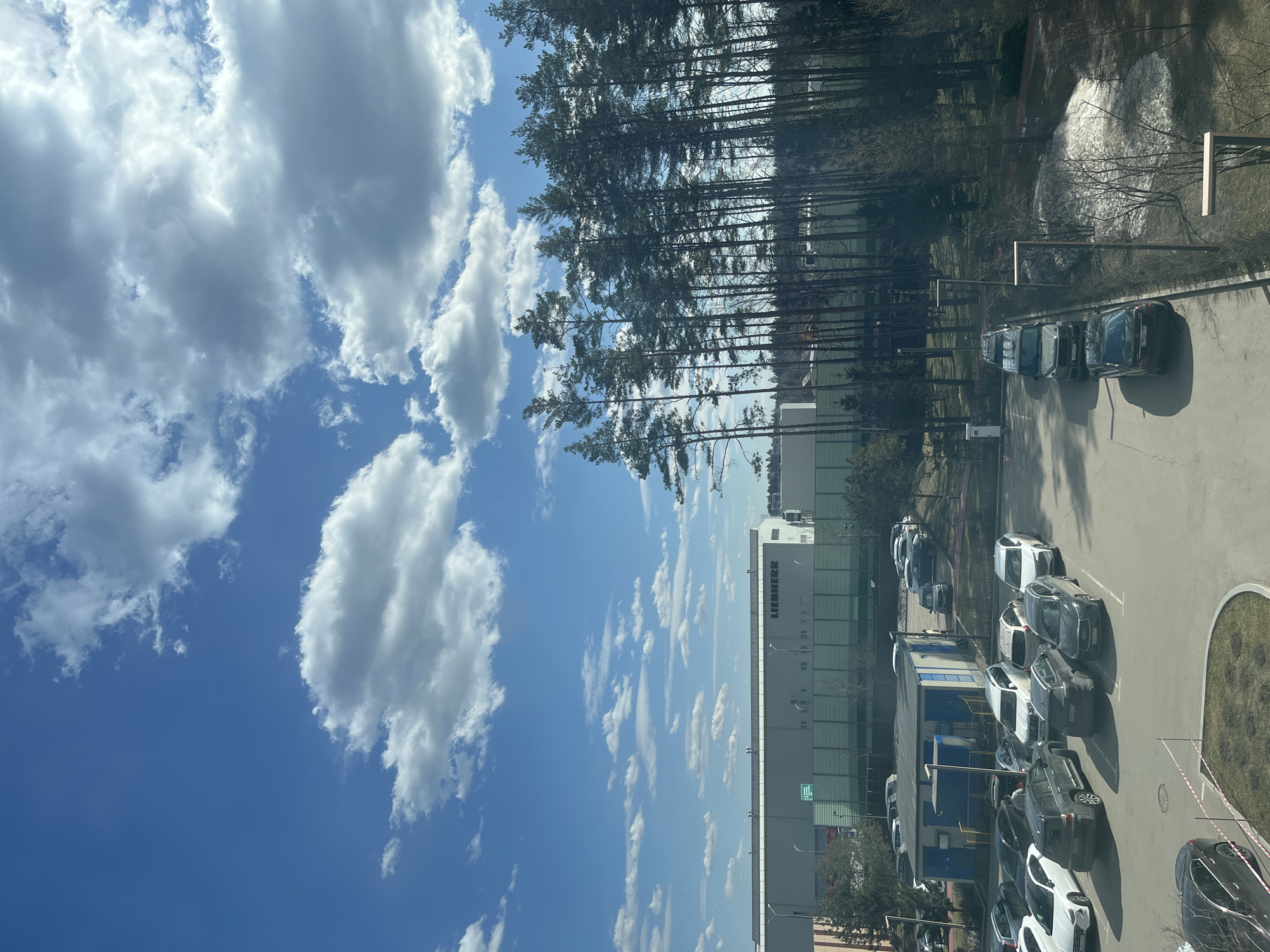 The image shows a view in Zhavoronki, Russia, with a bright blue sky filled with puffy white clouds dominating the upper-left portion. A dense row of tall pine trees forms a barrier between the sky and a large industrial building.
The industrial building is a large, light-colored structure, likely a warehouse or factory. Adjacent to the building is a parking lot filled with numerous cars, mostly of neutral colors like white, grey, and black. The cars are parked in organized rows.
A small patch of snow is visible near the trees. The overall impression is a mix of natural elements and industrial development under a clear sky.