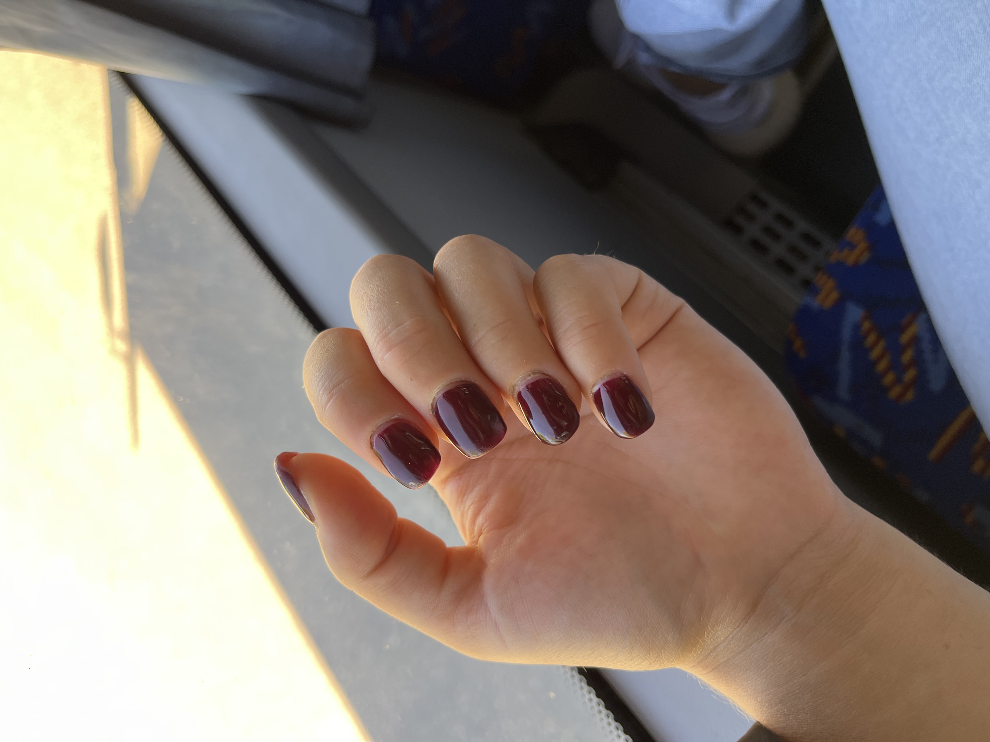 In an indoor setting, a person's left hand is prominently displayed in the foreground, fingers extended and slightly curled. The hand has well-maintained fingernails, polished with a dark, glossy, deep red or burgundy nail polish. The lighting suggests it is daytime, with a warm, golden light casting a gentle glow on the skin and nails, particularly noticeable on the thumb and index finger.
The background is out of focus but reveals elements suggestive of being in transit, possibly on a train or bus. A window runs along the right side of the frame, with a thin white trim. Beyond the window, the environment is blurred, but hints of blue patterned upholstery and what appears to be a ventilation grate are visible. The overall scene is one of personal grooming and everyday life, captured in a candid moment. There is no indication of the city of Pastavy, Belarus within the visual information provided.