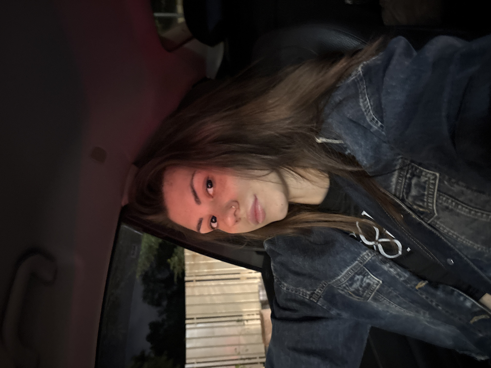 A medium-shot photograph captures a young woman seated within the interior of a vehicle during nighttime. The woman, positioned slightly to her right and facing the camera, has long, dark brown hair that cascades over her shoulders. Her complexion exhibits a red hue, indicative of an external or internal red light source illuminating her face. She has prominent eyebrows and a small silver hoop piercing in her left nostril. Her expression is neutral.
She is wearing a dark blue denim jacket, which shows some fading, over a dark-colored t-shirt. A portion of a white graphic, resembling a stylized number "8" or infinity symbol, is visible on the t-shirt's chest area.
The background outside the driver's side window reveals a dark, nocturnal environment. A light-colored fence or building structure with vertical elements is visible, beyond which are dark outlines of trees against an unlit sky. The interior of the car is dark, with a red ambient light source creating highlights on the woman's face and parts of the cabin. A dark grab handle is visible on the vehicle's ceiling above the window. The car's seat appears to be dark-colored. The image is described as being taken in the city of Sofia, Bulgaria, though no definitive geographical markers are visible within the frame to confirm this specific location.