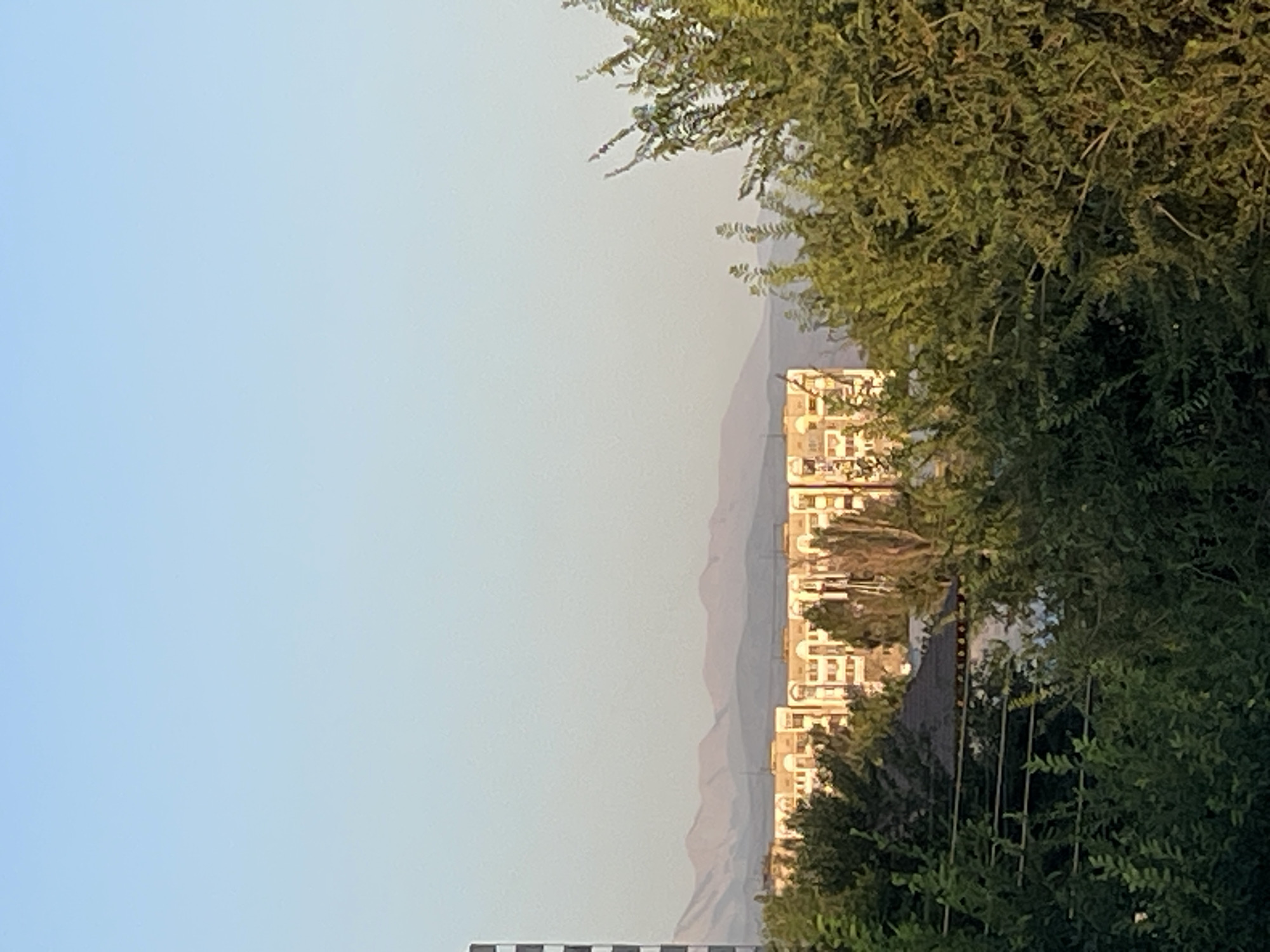 This is a medium shot, eye-level, outdoor photograph taken in Almaty, Kazakhstan. The image depicts a hazy, mountainous landscape in the distance, with layers of mountains receding into the background under a clear, pale blue sky. In the mid-ground, there are multi-story residential buildings with light-colored facades and visible windows. These buildings are partially obscured by lush green trees in the foreground. The trees are dense and leafy, with some branches extending towards the viewer. The overall lighting suggests it is either early morning or late afternoon, with a soft, warm light illuminating the scene. There are no people or animals visible in the image. The scene appears to be a residential area on the outskirts of the city, with the natural landscape providing a backdrop.