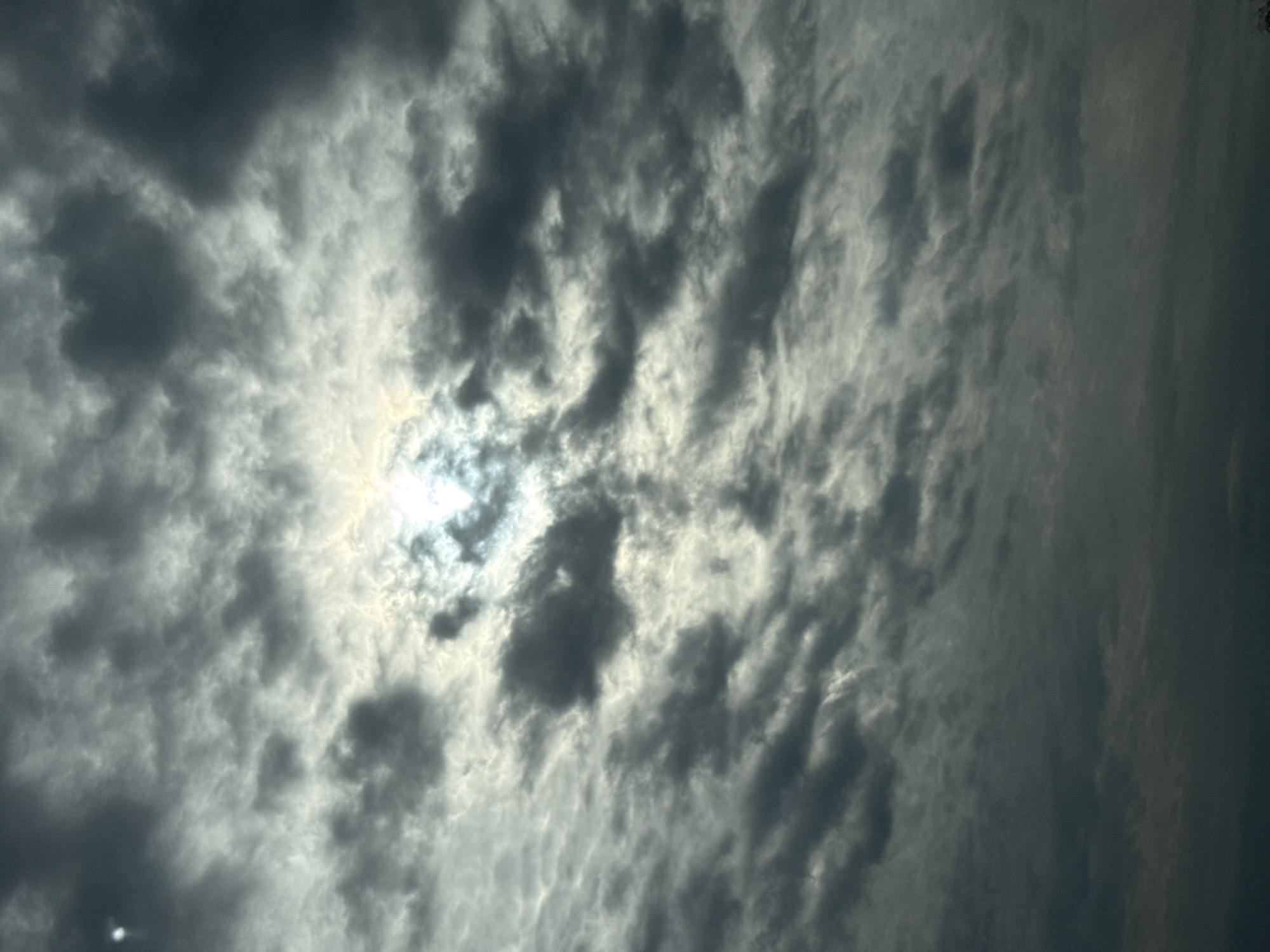The image shows a view of the sky with heavy, dark clouds obscuring the sun. The clouds are dense and textured, with varying shades of gray. There is no clear indication of the city of Noviy, Russia, or any specific location. There are no people, subjects, objects, actions, or interactions visible in the image. The environment is limited to the sky and cloud cover.