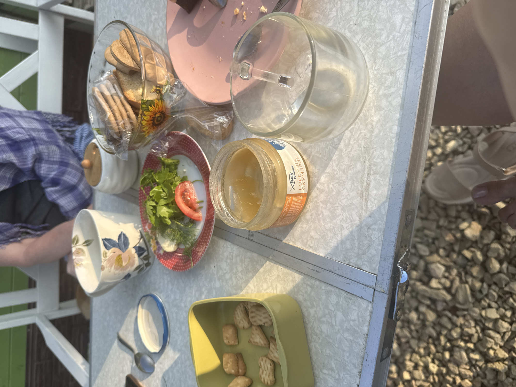 The image depicts a table set for a meal outdoors. On the table, there is a floral-patterned mug, a plate of salad with tomato and dill, a bowl of crackers, a small jar of honey, and a clear glass. A person's arm and shoulder are partially visible in the upper portion of the image, wearing a plaid shirt. The table is set on a surface covered with a patterned cloth, and the background suggests an outdoor setting with gravel on the ground and white chairs. The scene appears to be a casual outdoor meal or picnic. There is no visible information or context that would suggest the location is the city of Lyady, Russia.