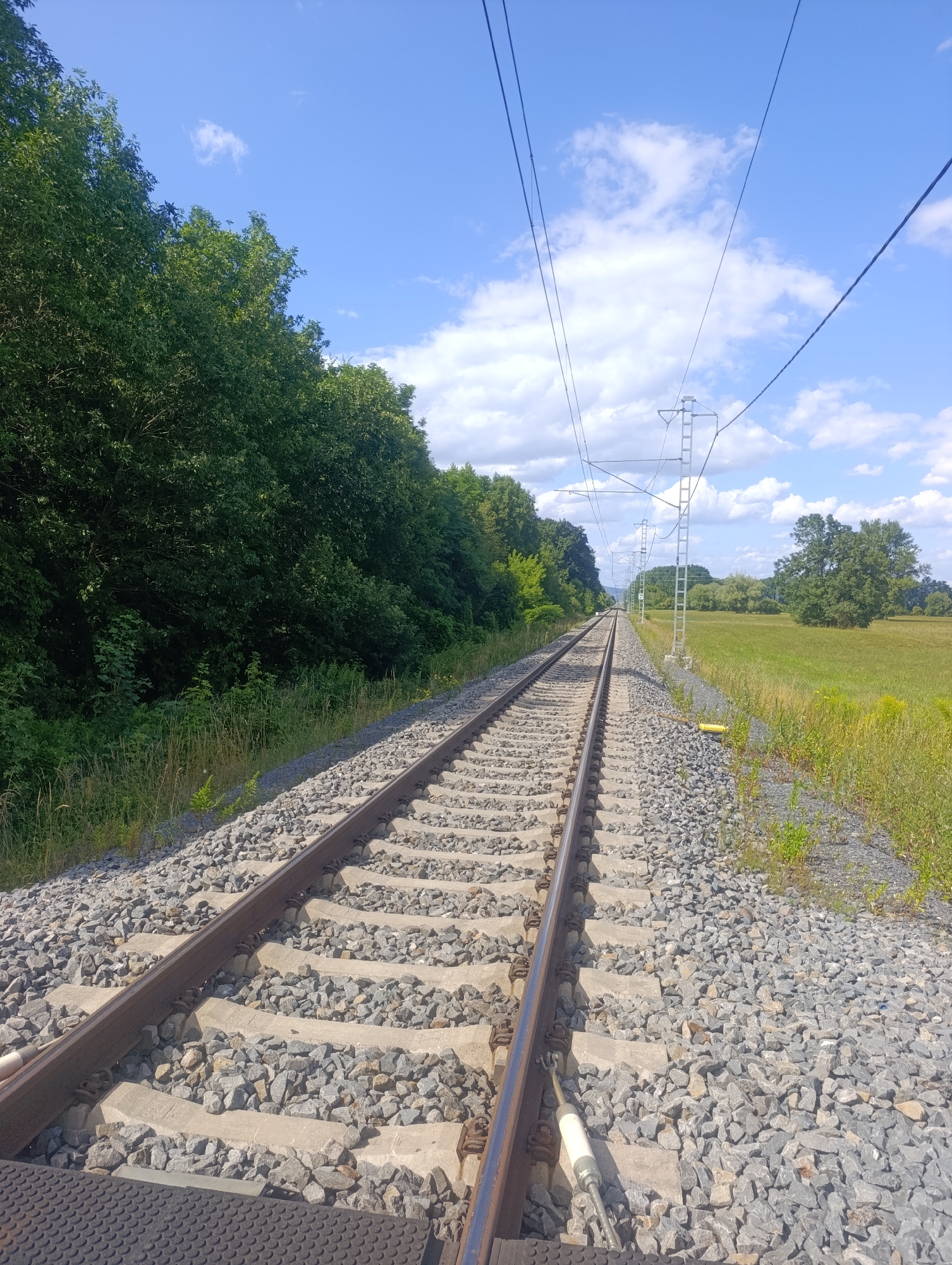 The image depicts a set of train tracks stretching into the distance, flanked by lush green trees on the left and a grassy field on the right. Overhead, power lines supported by metal poles traverse the sky. The sky is a vibrant blue with scattered white clouds. The tracks are made of steel rails resting on a bed of gravel and concrete sleepers. In the foreground, a portion of a black textured surface, possibly a platform or railing, is visible. There are no people or animals present in the image. The scene appears to be a railway line in a rural or semi-rural setting, possibly on the outskirts of the city of Olomouc, Czechia, given the presence of overhead electric lines which are common on main railway routes.