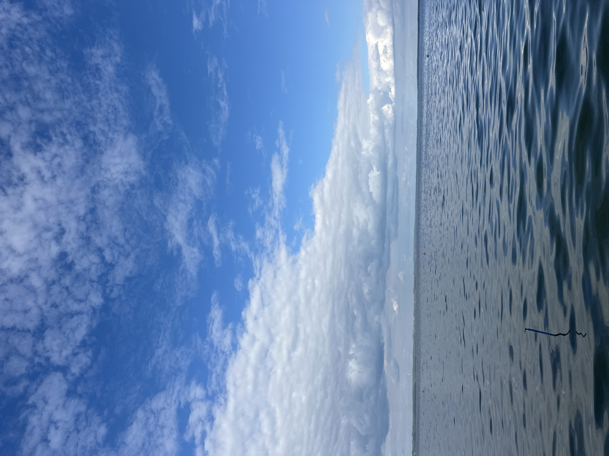 A calm, expansive body of water dominates the lower half of the image, reflecting the bright blue sky and scattered white clouds. The water's surface is rippled, creating patterns of light and shadow. In the foreground, a dark blue pole with a lighter blue tip emerges vertically from the water, casting a distorted reflection. Further out, two small, orange buoys are visible on the water's surface, spaced apart. The horizon line is marked by a thin strip of land, appearing as a dark, indistinct line of trees and possibly some structures. Above the water and land, the sky is a vibrant blue, with a band of large, fluffy white clouds stretching across the left side of the frame. These clouds transition to smaller, wispy clouds towards the right. The scene suggests a tranquil outdoor setting, likely a lake or a large river. The location is identified as Нарацкі сельскі Савет, Belarus.