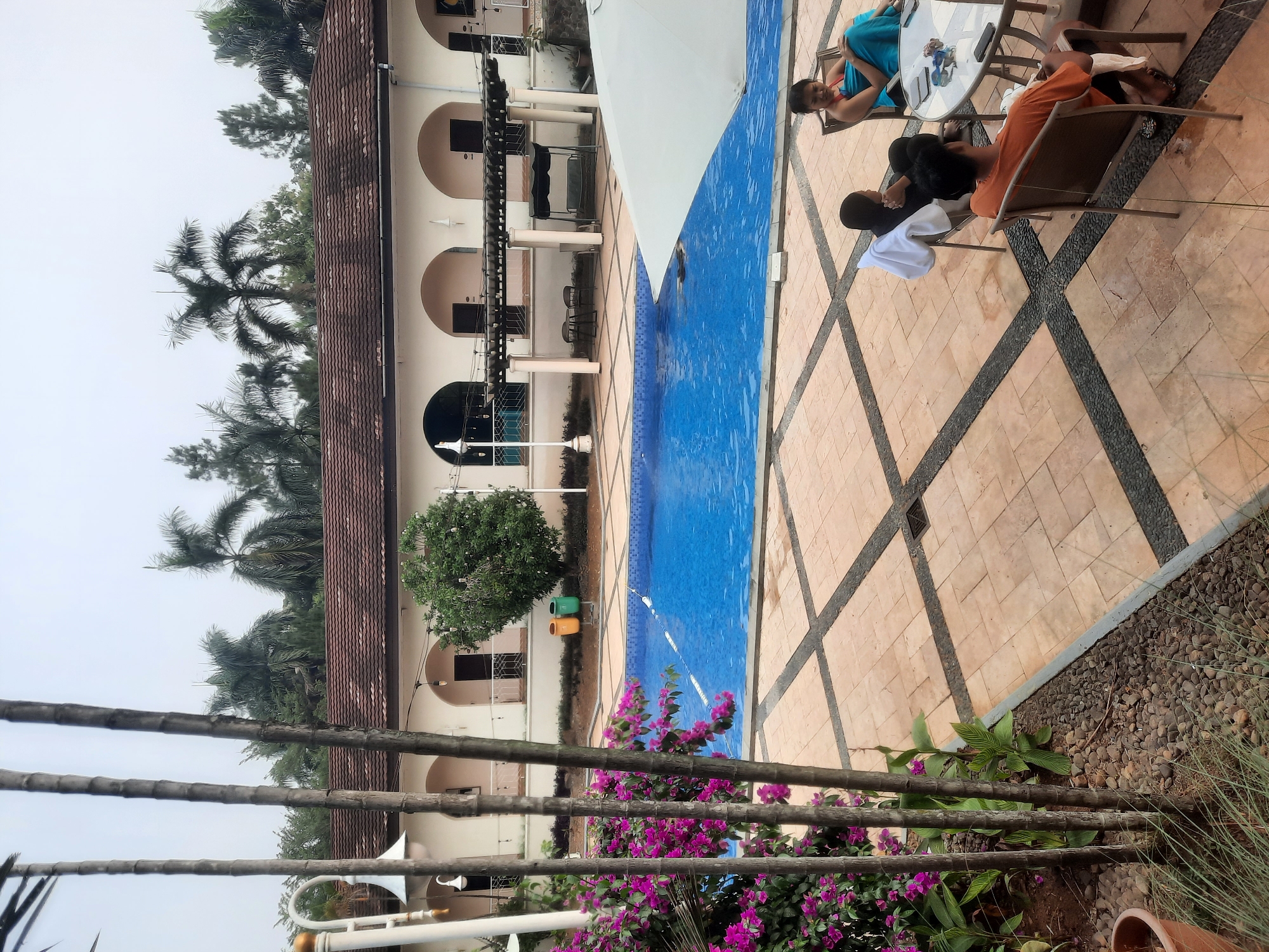 A high-angle, eye-level shot shows a swimming pool area at a resort in Babakan Madang, Indonesia, on an overcast day. The foreground is dominated by a cluster of tall, thin, bare tree trunks with a few purple bougainvillea flowers and green plants to their left. Beyond the trees, a large, bright blue swimming pool occupies the midground, with a white umbrella partially obscuring the right side of the pool. A white pool float or inflatable is visible near the center of the pool. In the right midground, three people are seated at a round glass-topped table with metal chairs. The person closest to the viewer, wearing an orange t-shirt, is facing away. To their left, a person in a dark headscarf is seated, and to their right, a woman wearing a red top and a blue towel is seated. The background features a long, cream-colored building with a terracotta tile roof and a series of arched doorways. Palm trees and other lush green foliage are visible behind the building, along with a bright overcast sky. The patio area around the pool is paved with tan square tiles outlined by dark gray grout. Two trash receptacles, one yellow and one green, are positioned near the building.