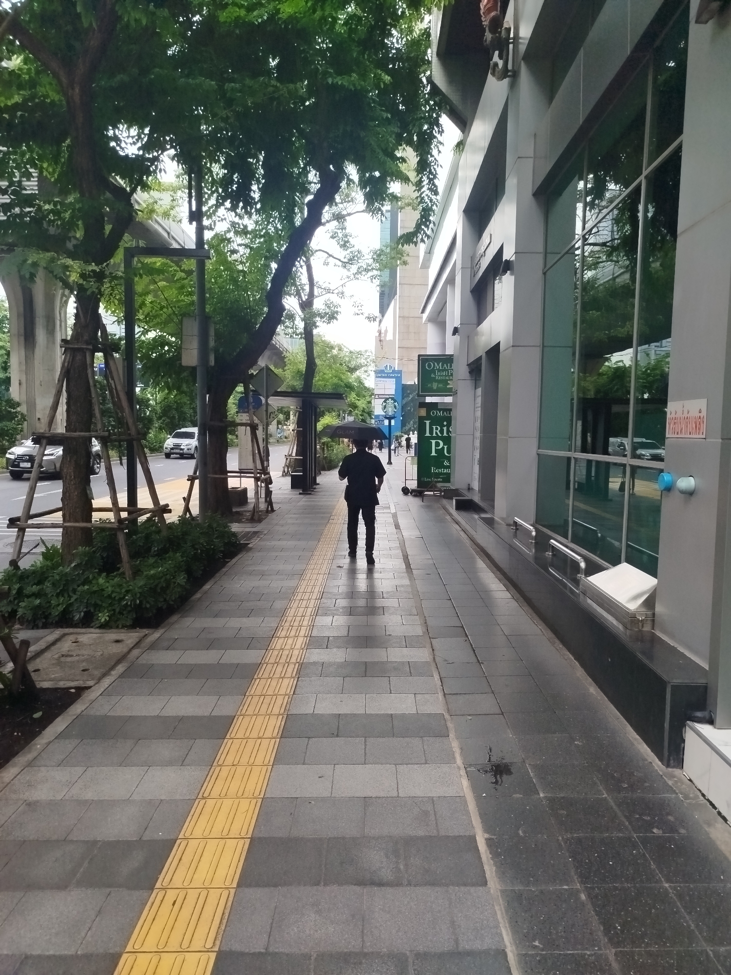A person walks alone on a sidewalk in Bangkok, Thailand, holding a black umbrella over their head. The sidewalk is paved with gray and yellow tiles, and there are trees lining the street. The person is walking away from the camera, and their back is to the viewer. The person is wearing dark clothing. To the right of the sidewalk is a modern building with glass windows. There are cars driving on the street to the left of the sidewalk. The sky is overcast.