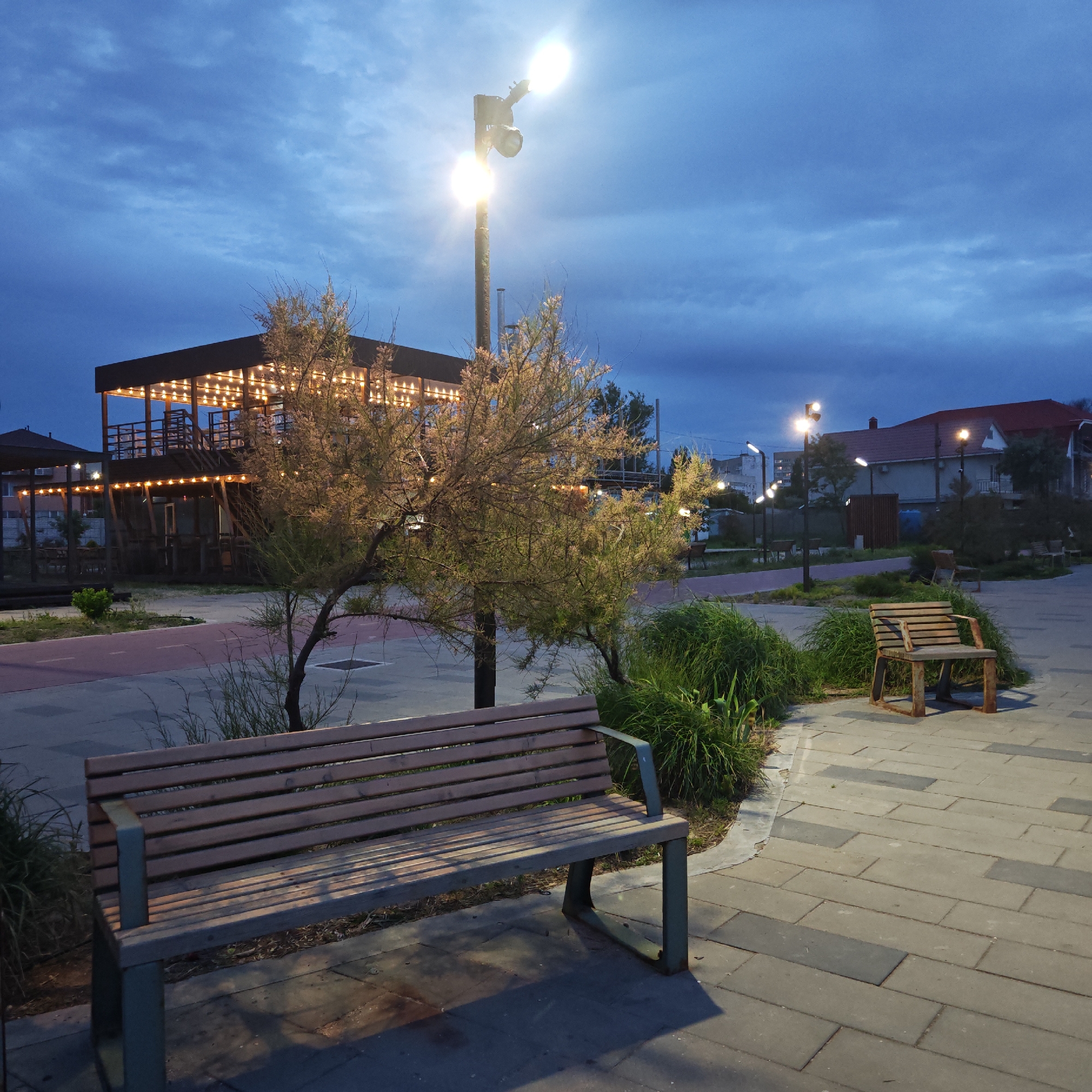 This photograph captures a tranquil urban park or promenade in Hascivske poselennya Shcholkine, Ukraine, at dusk or early night. The sky is a deep, cloudy blue, indicating the transition from day to night, with artificial lights beginning to dominate the scene.
In the foreground, a modern wooden bench with metal supports sits on a paved walkway of grey and darker rectangular tiles. To its left, a patch of lush green grass and foliage borders the path. Further back, a tall street lamp with two bright, glowing fixtures illuminates the immediate area, casting light on a small, wispy tree with delicate branches and leaves positioned beside it.
Behind this tree, a two-story wooden pavilion or cafe structure stands out, adorned with numerous string lights that emit a warm, inviting glow. A staircase is visible on the side of the structure. To the right of the main street lamp, another, more rustic wooden bench is nestled amidst greenery. In the mid-ground, a reddish-brown pathway meanders through the green spaces, alongside more paved areas.
In the background, additional streetlights punctuate the scene, and residential buildings with visible roofs can be seen under the darkening sky. The overall atmosphere is peaceful and serene, with no people visible, suggesting a quiet evening in this public space. There is no discernible text within the image.