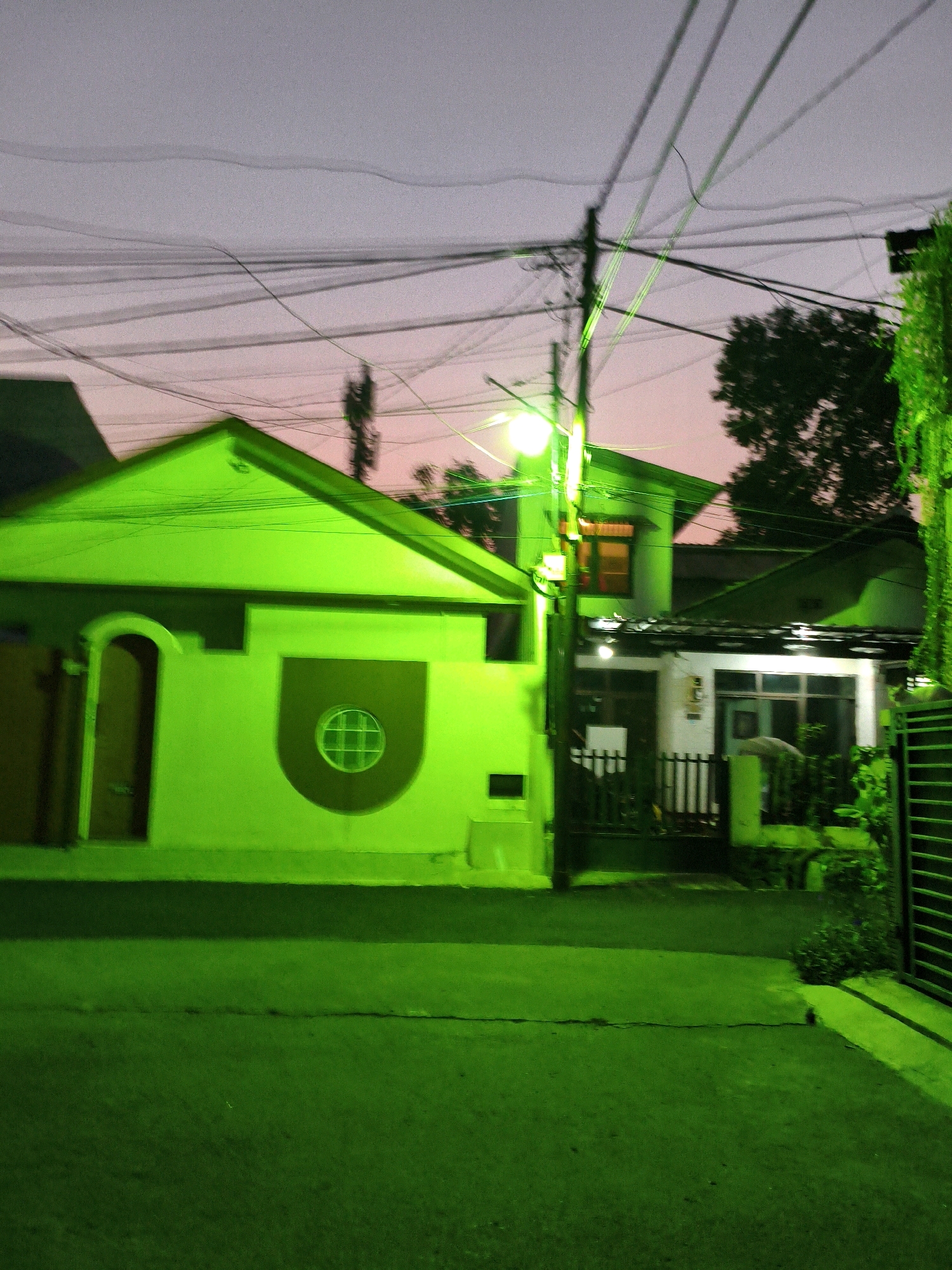 The image depicts a residential scene at dusk, likely in Bekasi, Indonesia, characterized by an unnatural, vibrant green illumination. In the foreground, a manicured lawn is visible, bordered by a paved area. The mid-ground features two houses. The house on the left is painted a bright, almost neon green, with a distinctive arched doorway and a circular window with a grid pattern. To its right, another house is partially visible, with white walls and dark windows. A black metal fence separates this property from the street. The background is dominated by a twilight sky with soft hues of pink and purple, overlaid with a dense network of power lines. A silhouette of a tree is also present in the background. The overall impression is that of a surreal, artificially lit urban environment.