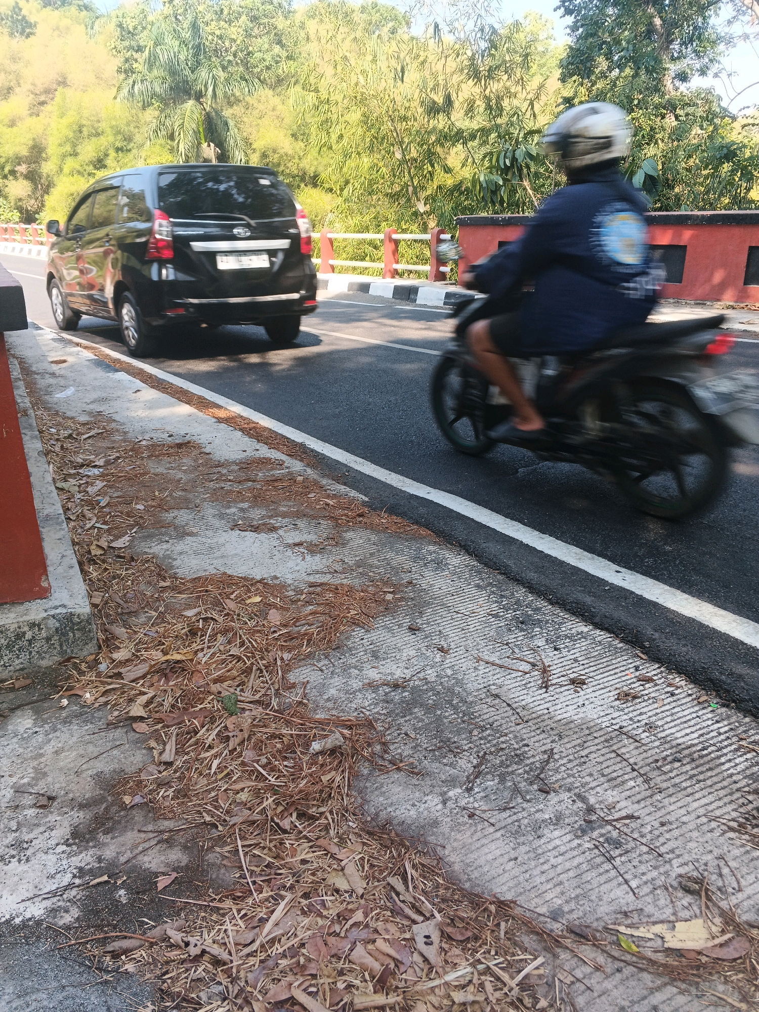A black minivan is traveling on a road in Semarang, Indonesia, with a motorcycle following closely behind. The motorcycle rider is wearing a helmet and a dark blue jacket. The road is paved, with a white line marking the lane. The surrounding area is lush with trees and foliage, indicating a natural or semi-rural environment. A concrete barrier with red and white markings runs along the side of the road. Dried leaves and debris are scattered on the concrete shoulder. The scene is captured during daylight hours, with bright sunlight casting shadows.
