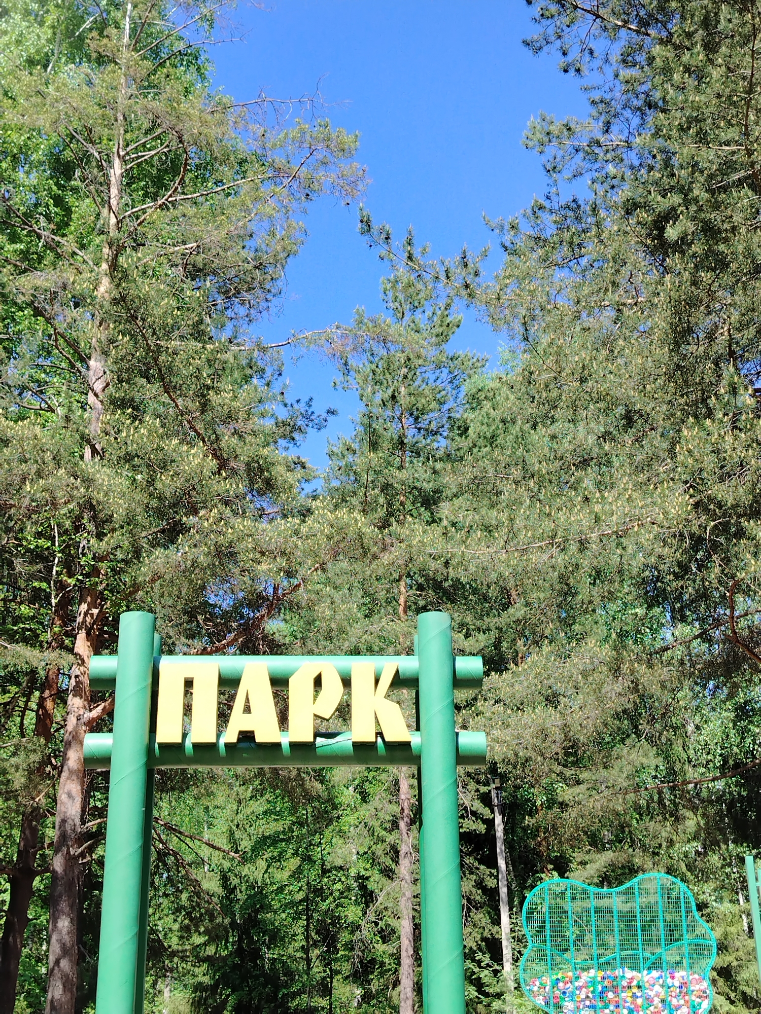 A vibrant park sign in Noviy, Russia, stands prominently against a backdrop of lush greenery and a clear blue sky. The sign, constructed of bright green pipes, displays the word "ПАРК" in bold, yellow letters. The surrounding environment is dense with trees, their foliage creating a thick canopy. A green wireframe bush with red, white and blue plastic balls is present to the right of the sign. The sunny day casts shadows throughout the scene.