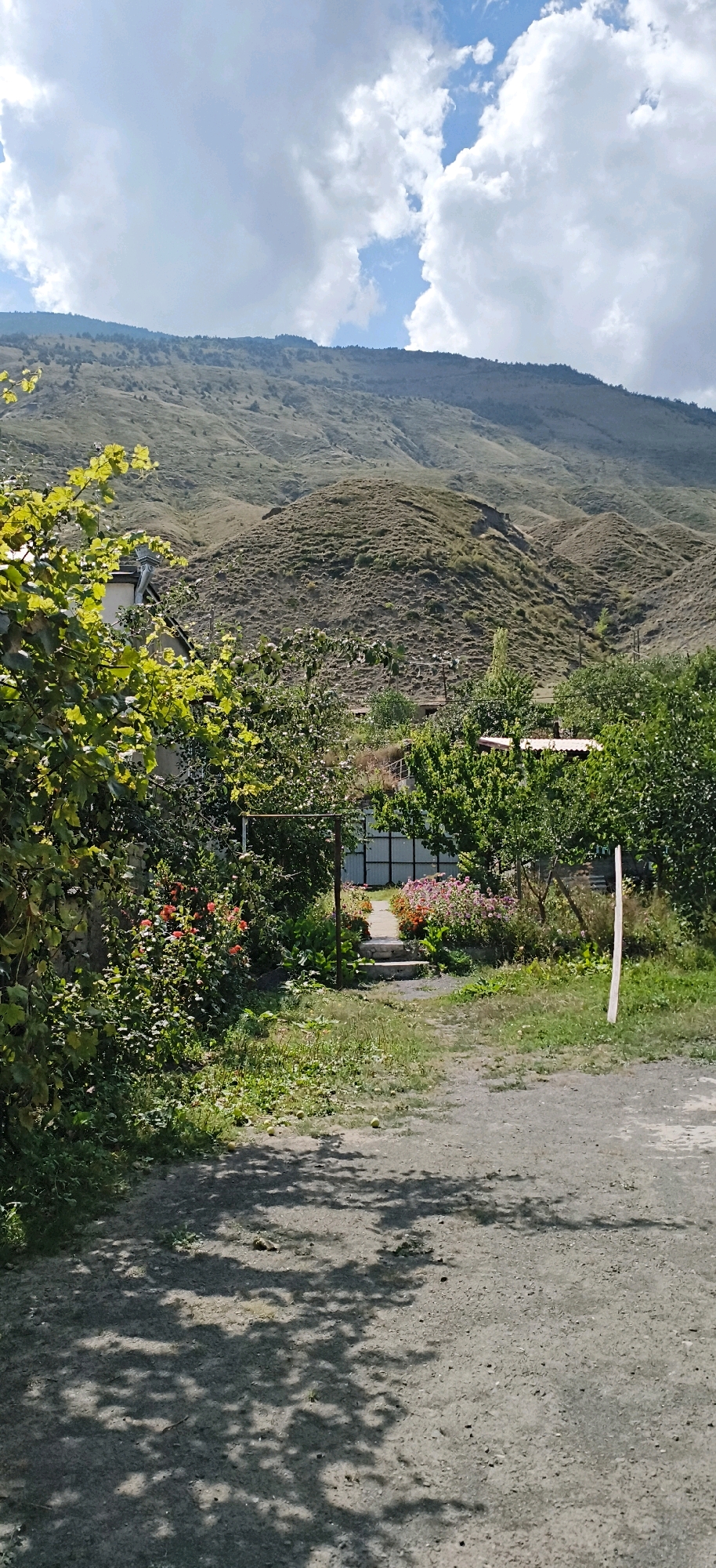 A natural landscape scene features rolling, grassy hills in the background under a cloudy sky. In the foreground, a dirt path leads towards a garden area with a white fence and a building with a red roof. Lush green trees and vibrant pink and red flowers line the path, creating a picturesque setting. The ground is covered with gravel and patches of grass, and dappled sunlight casts shadows from the trees. The overall impression is one of a peaceful, rural retreat.