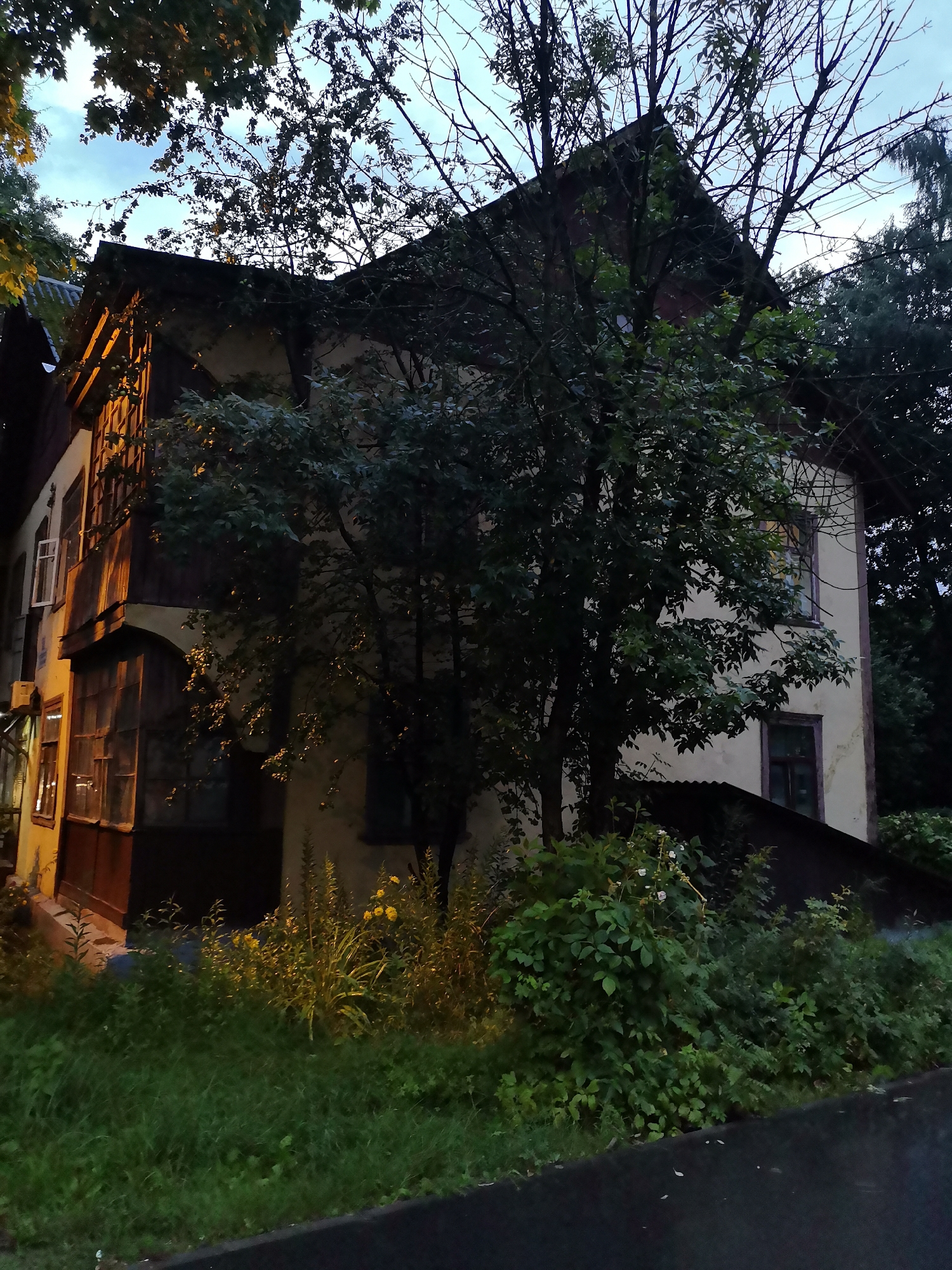 The image depicts an old, multi-story building with wooden and stucco elements, partially obscured by dense foliage and trees. The building appears to have a dark, gabled roof and numerous windows. The architecture suggests it may be a residential building. Yellowish light emanates from some of the windows, indicating interior illumination. The surrounding environment is overgrown with lush green grass, bushes, and flowering plants. Tall trees with bare branches reach towards a cloudy sky. The scene has a somewhat neglected and rustic appearance. Based on the context provided, this scene is located in Krasnogorsk, Russia. There are no people visible in the image.