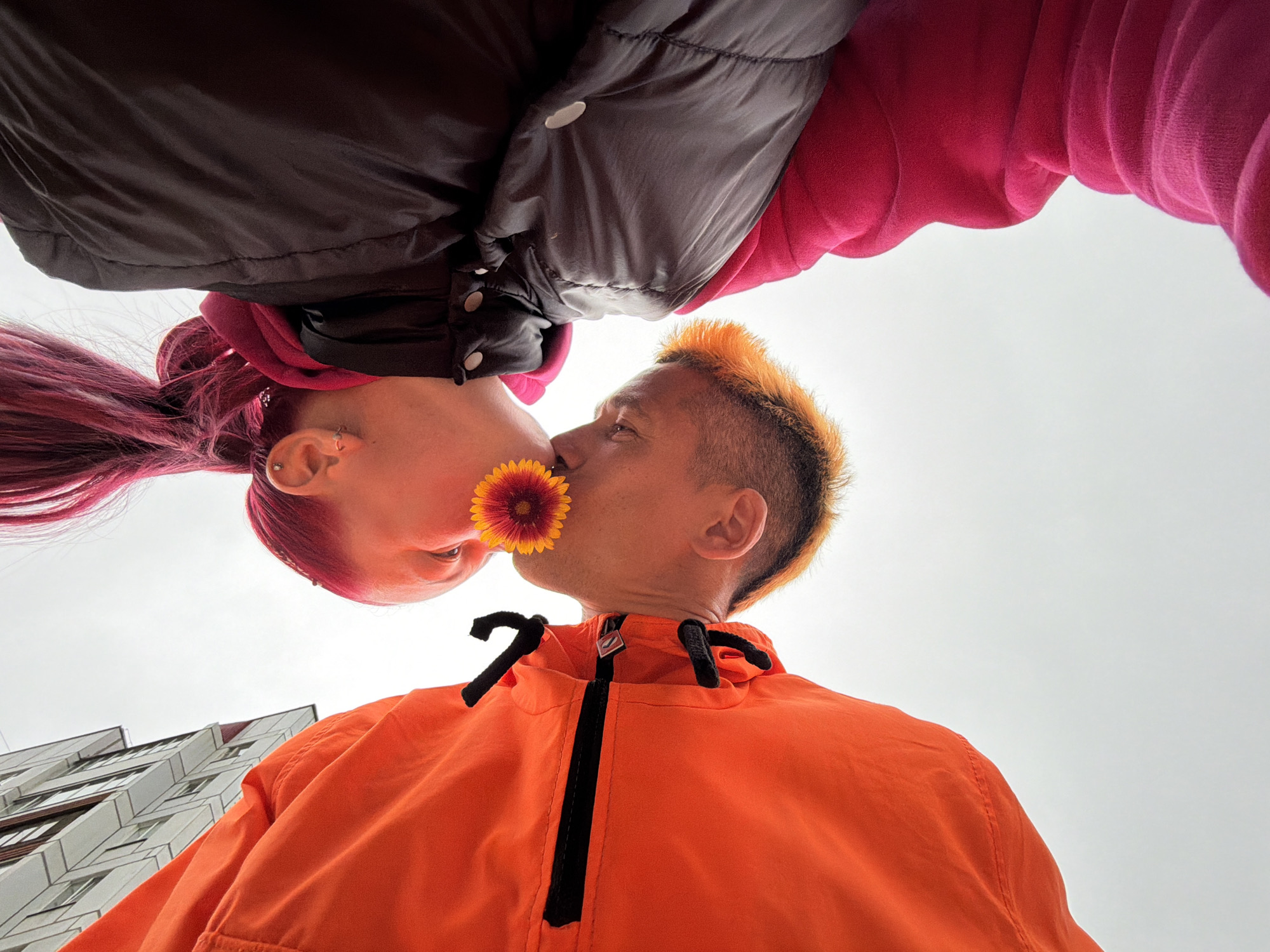 An inverted, low-angle, eye-level shot captures two individuals kissing with a flower between their lips. The person on the left, with vibrant purple hair pulled back, wears a dark jacket over a pink garment. They are positioned above and to the left of the other individual. The person on the right, sporting a mohawk with orange-dyed hair, wears a bright orange jacket. The background consists of an overcast sky and a modern, multi-story building with white and grey cladding. The scene appears to be outdoors in an urban setting, possibly Chaikovsky, Russia, given the architectural style.