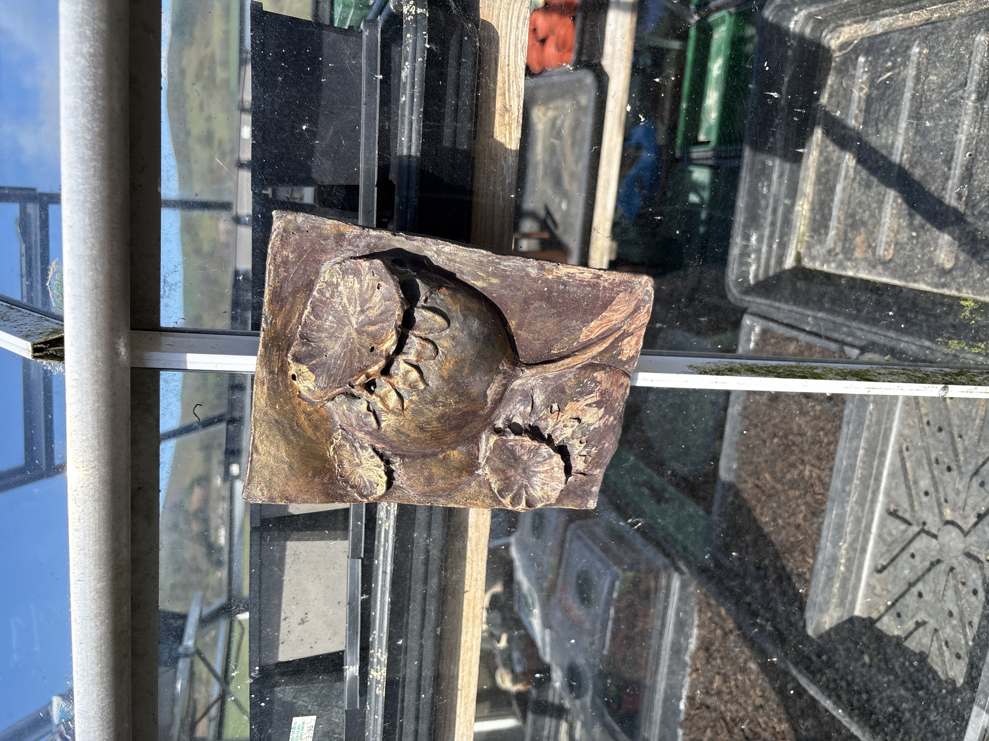 The image shows a roughly rectangular, brown and gold-toned, cast sculpture featuring a floral design, lying on a glass surface. The sculpture appears weathered and slightly damaged.
The glass surface is part of a structure, likely a greenhouse or conservatory, as evidenced by the presence of metal framing and multiple panes of glass. Inside the structure, there are stacked black plastic trays and containers, some filled with dark soil.
The location appears to be outdoors, suggested by the view through the glass showing glimpses of a blue sky and distant green landscape. The reflection in the glass indicates a bright, sunny day. Given the request for the location to be Shrewsbury, United Kingdom, the structure can be inferred to be in an outdoor location within the city.