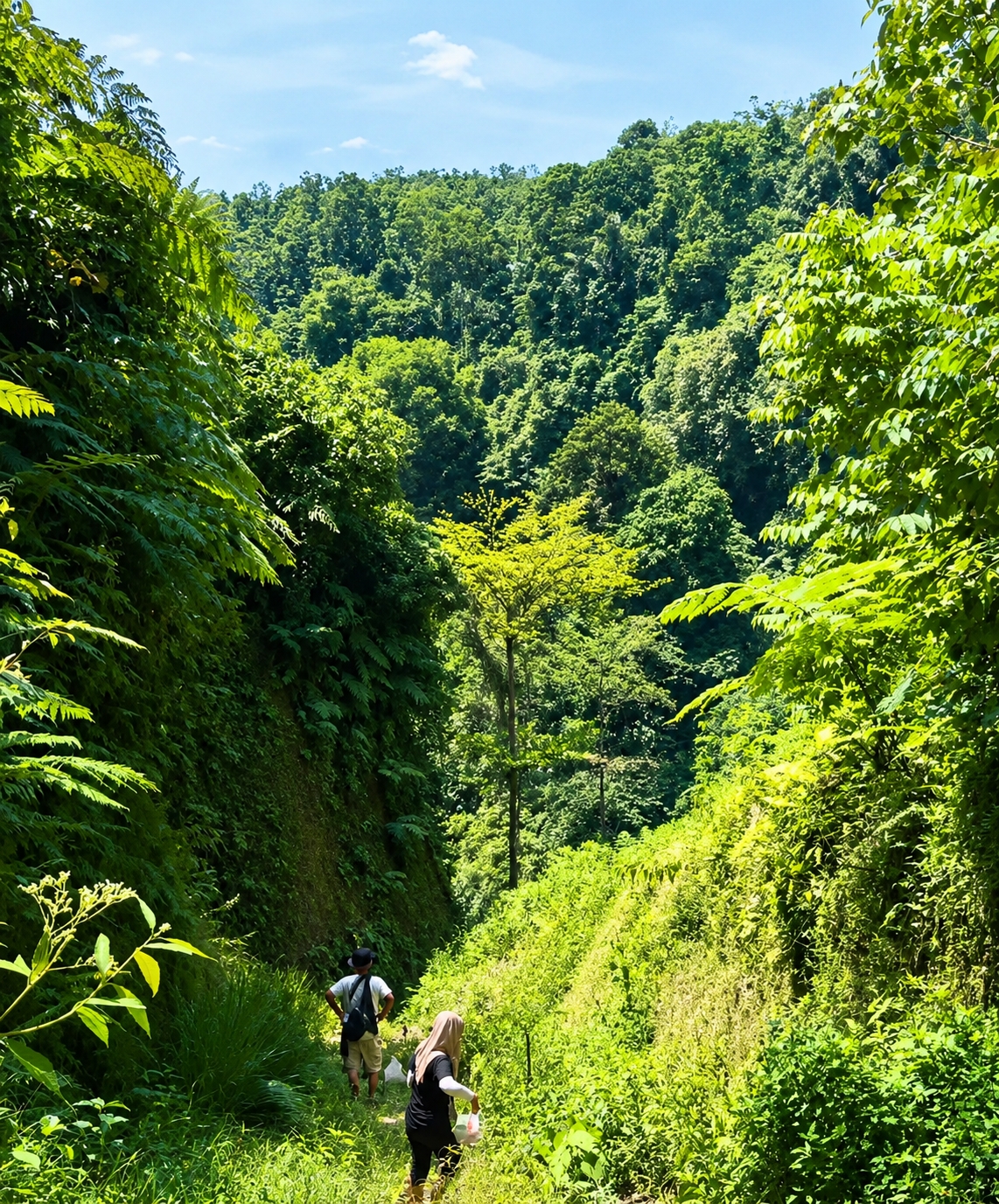 In Gunung Ambat, Indonesia, two individuals are walking along a narrow dirt path through a lush, green valley. The path is bordered by dense vegetation, with ferns and trees on either side. The man in front is wearing a white t-shirt, khaki shorts, and a backpack, while the woman behind him is wearing a black t-shirt and a headscarf. They are both facing away from the camera and appear to be exploring the natural landscape. The valley walls are covered in thick foliage, and sunlight filters through the trees, creating a vibrant and serene atmosphere. The overall impression is one of a peaceful excursion into a beautiful, natural environment.