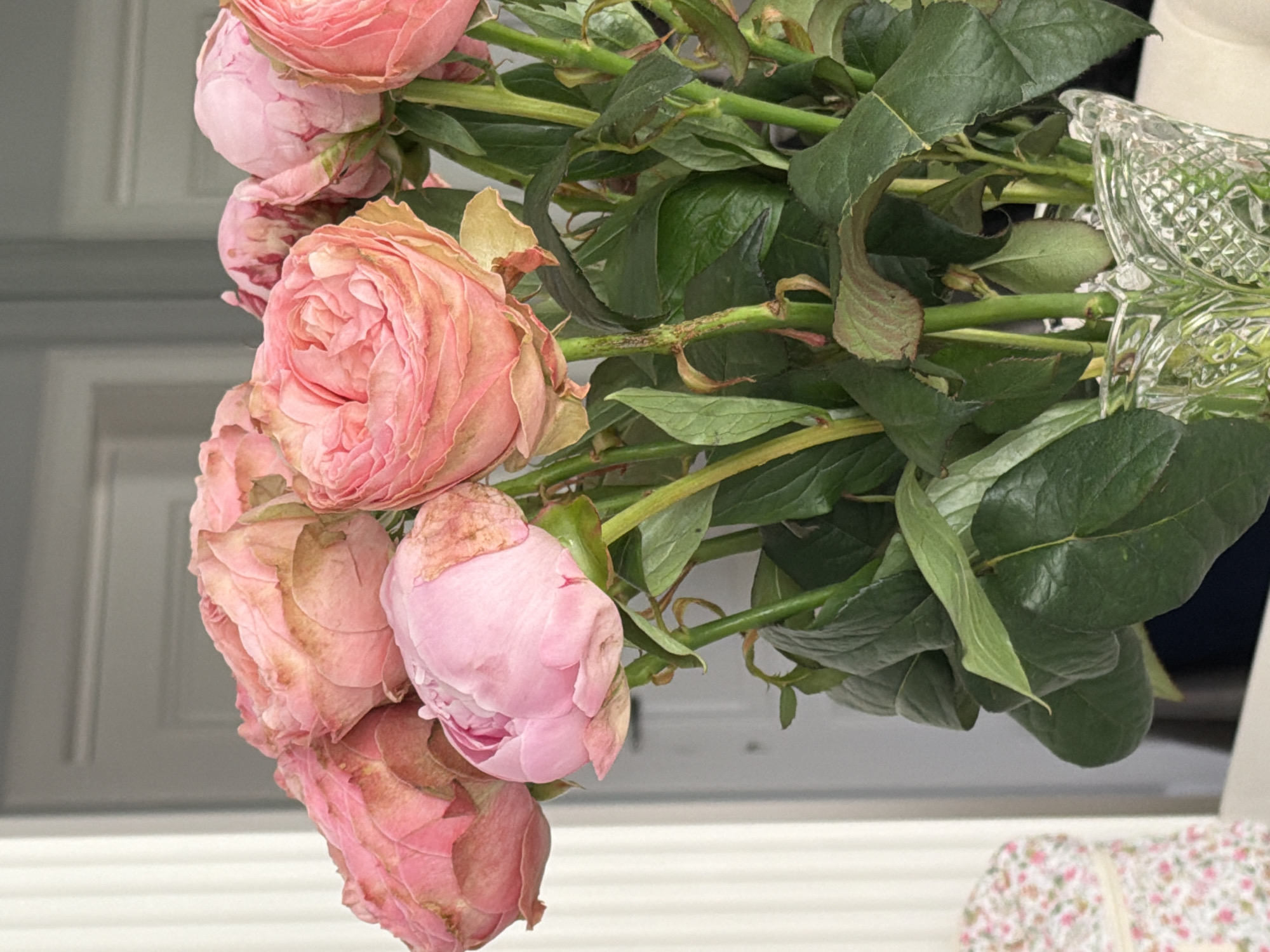A bouquet of pink roses is displayed against a backdrop of a white paneled wall. The roses are in varying states of bloom, with some fully open and others still tightly closed. The stems and leaves are green and lush. A clear glass vase can be seen on the right of the frame. A gift wrapped with white paper that has pink floral prints and white ribbon is on the lower right. The location is unknown and there is no evidence to suggest this image was taken in Moscow, Russia.