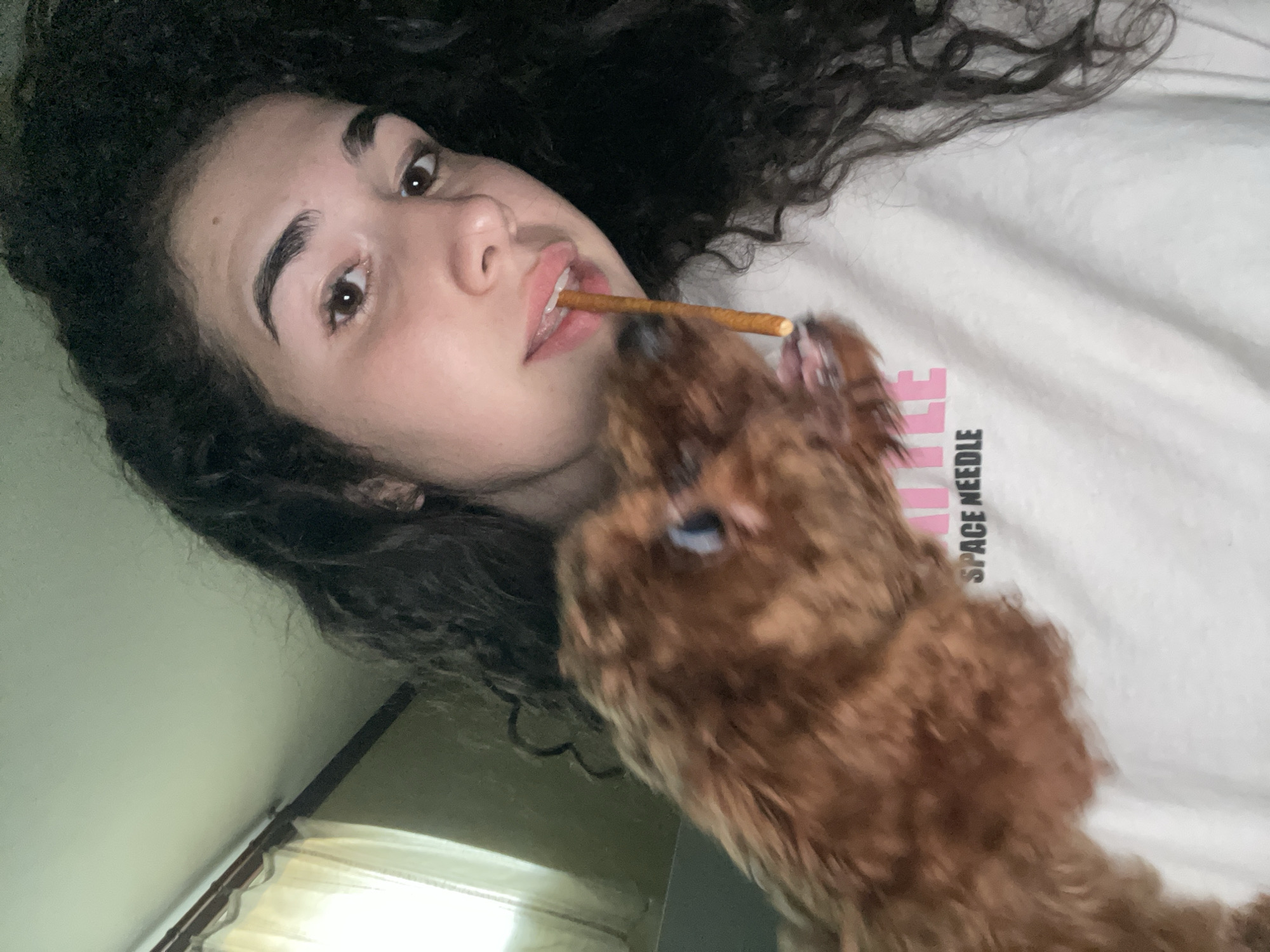 A woman with curly dark hair is lying on her back, holding a pretzel stick in her mouth. A small, fluffy brown dog is reaching for the pretzel. The woman is wearing a white t-shirt with the words "SPACE NEEDLE" printed on it in black and pink. The location appears to be indoors, possibly a bedroom. The image was taken at an upward angle. It is not possible to determine the location in the city of Sofia, Bulgaria.