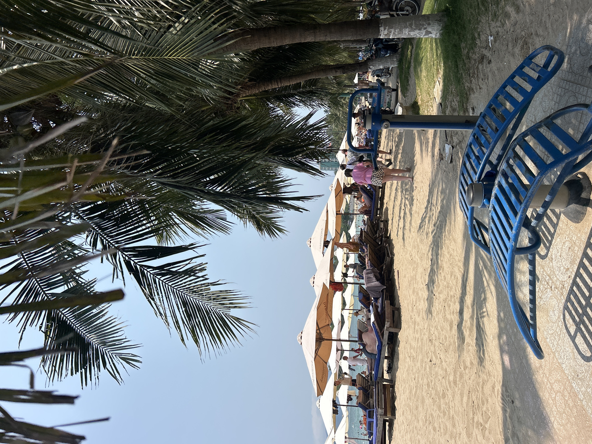 The image depicts a beach scene in Bắc Nha Trang, Vietnam. Palm trees provide shade over a sandy beach. Beach umbrellas are set up with lounge chairs underneath. People are seen relaxing on the chairs. In the foreground, there is blue outdoor exercise equipment. Behind the exercise equipment is a paved walkway and additional foliage. Further back, motorbikes are parked. The sky is blue.