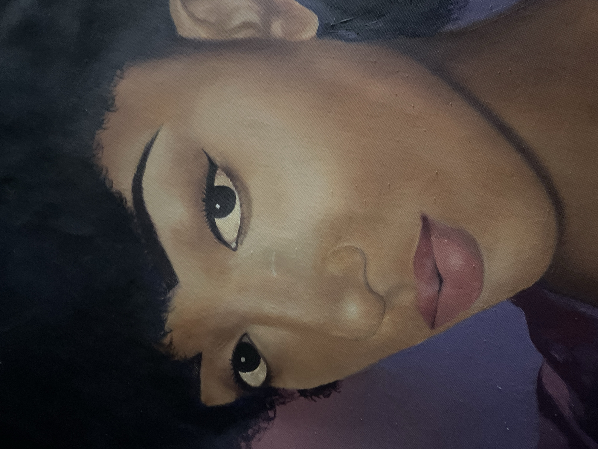 A close-up, rotated, and slightly blurred oil painting depicts a woman with dark hair and a brown complexion. Her gaze is directed at the viewer. She has distinct eyeliner, defined eyebrows, and full lips. The background appears to be a muted purple. The scene is not discernible as being in Jos, Nigeria; there are no contextual clues to determine the location.