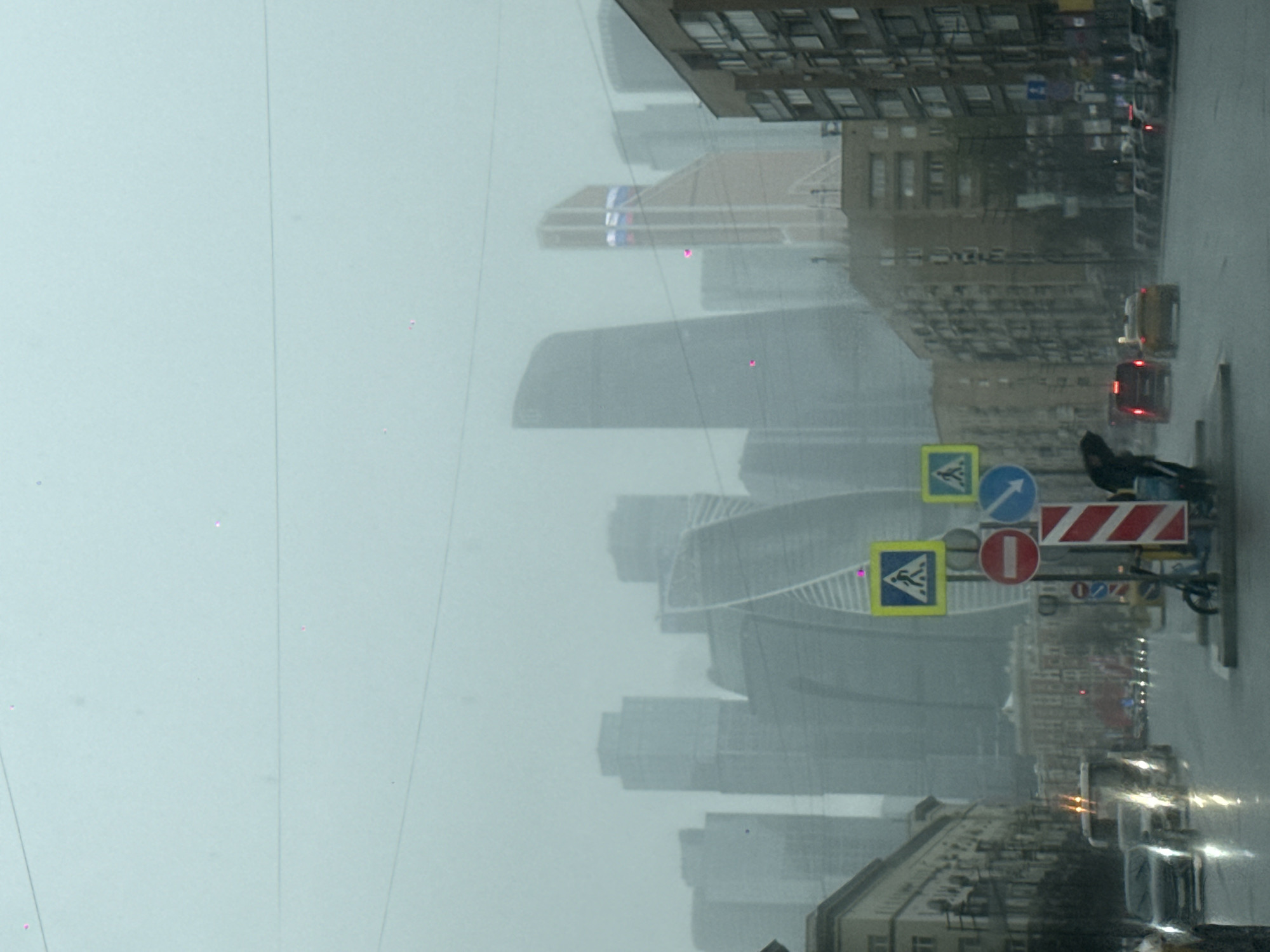 The image depicts a street scene in Moscow, Russia on a rainy day. Skyscrapers are visible in the distance through the mist. A person in dark clothing is present on the right side of the image near a traffic sign structure, which includes pedestrian crossing signs, a one-way sign, and a no-entry sign. Cars are driving on the right side of the road. The road surface reflects the streetlights and car headlights due to the rain. The overall visibility is reduced due to the weather conditions.
